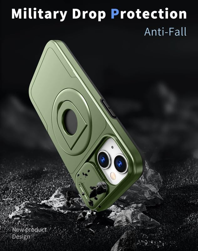 Image of LuxuryKase MagSafe Shockproof Rugged Back Case for iPhone 14 Plus | Finger Ring Kickstand & Sliding Camera Cover | Military Drop Protection | Wireless Charging Support - Green