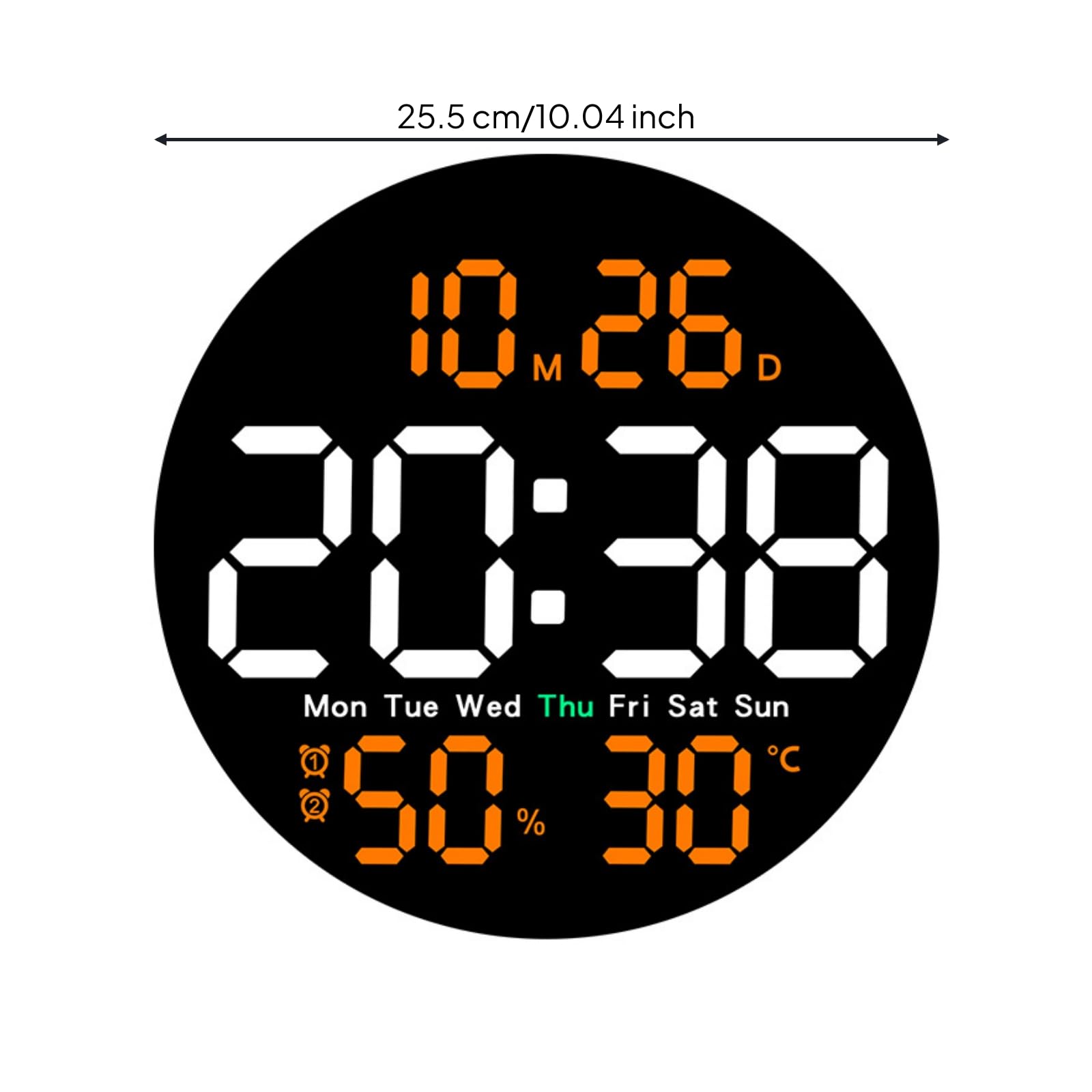 Orologio da Parete Soggiorno Digitale LED Calendario Sveglia Attiva Termometro Igrometro Display Chiaro Corpo in Plastica Adatto per Salotto Camera da Letto Studio Ufficio