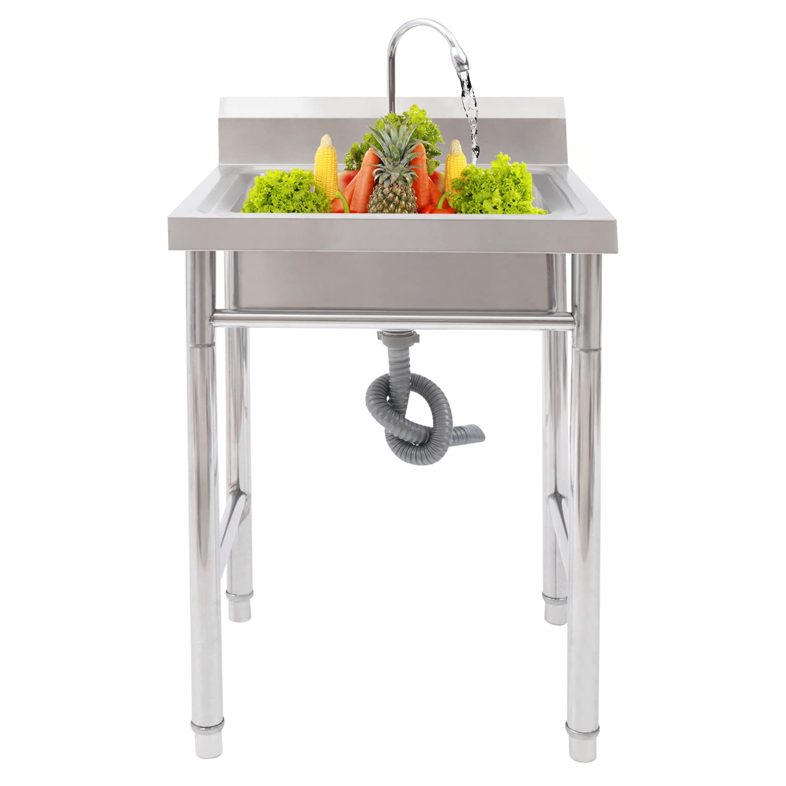 Gastro - Lavabo in acciaio inox, 1 vasca, in acciaio inox, 61 x 60 x 93 cm, con rubinetto per esterni, cucina e ristorante