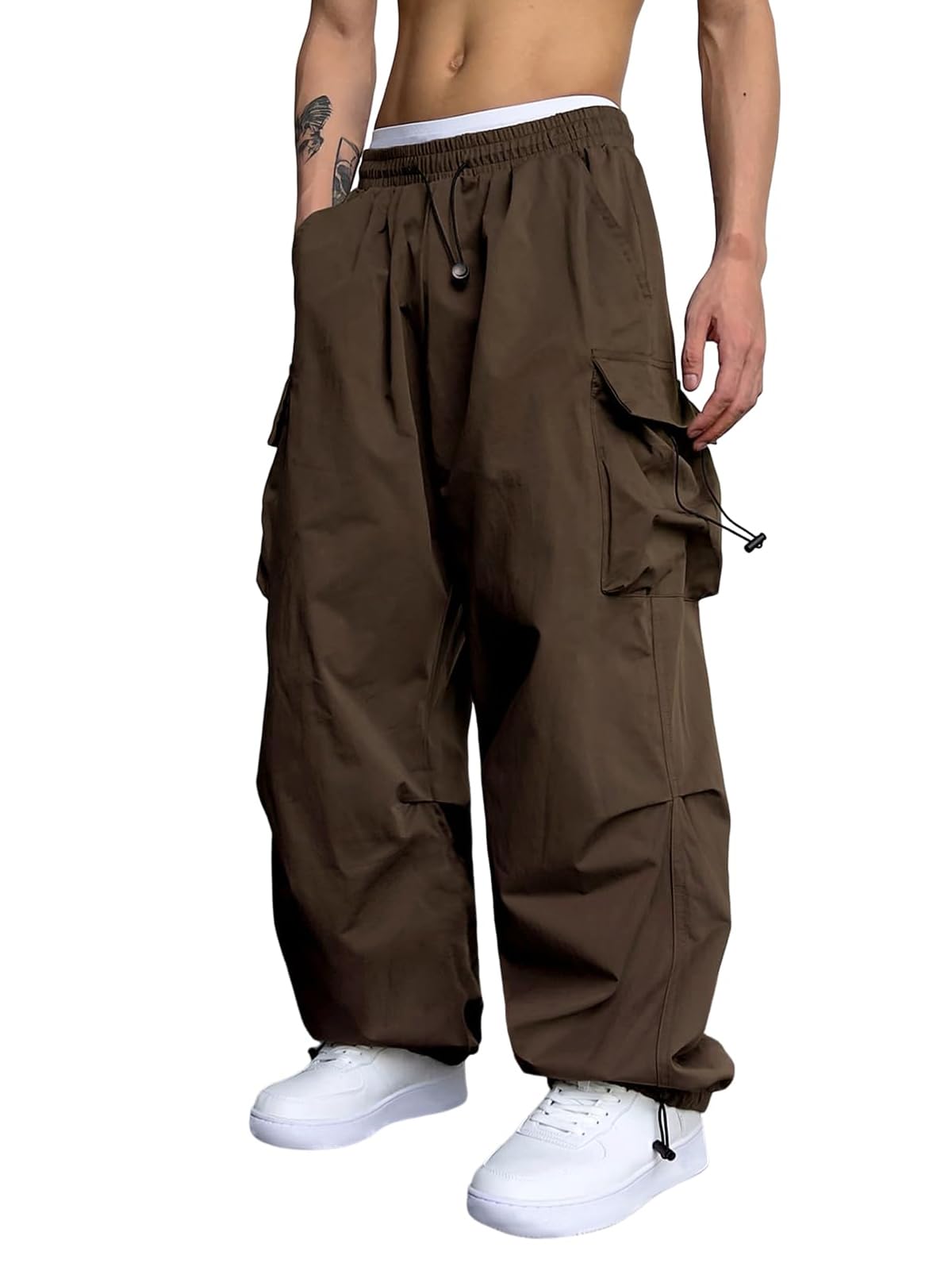Men's Parachute Pants Casual Baggy Cargo Drawstring Trouser