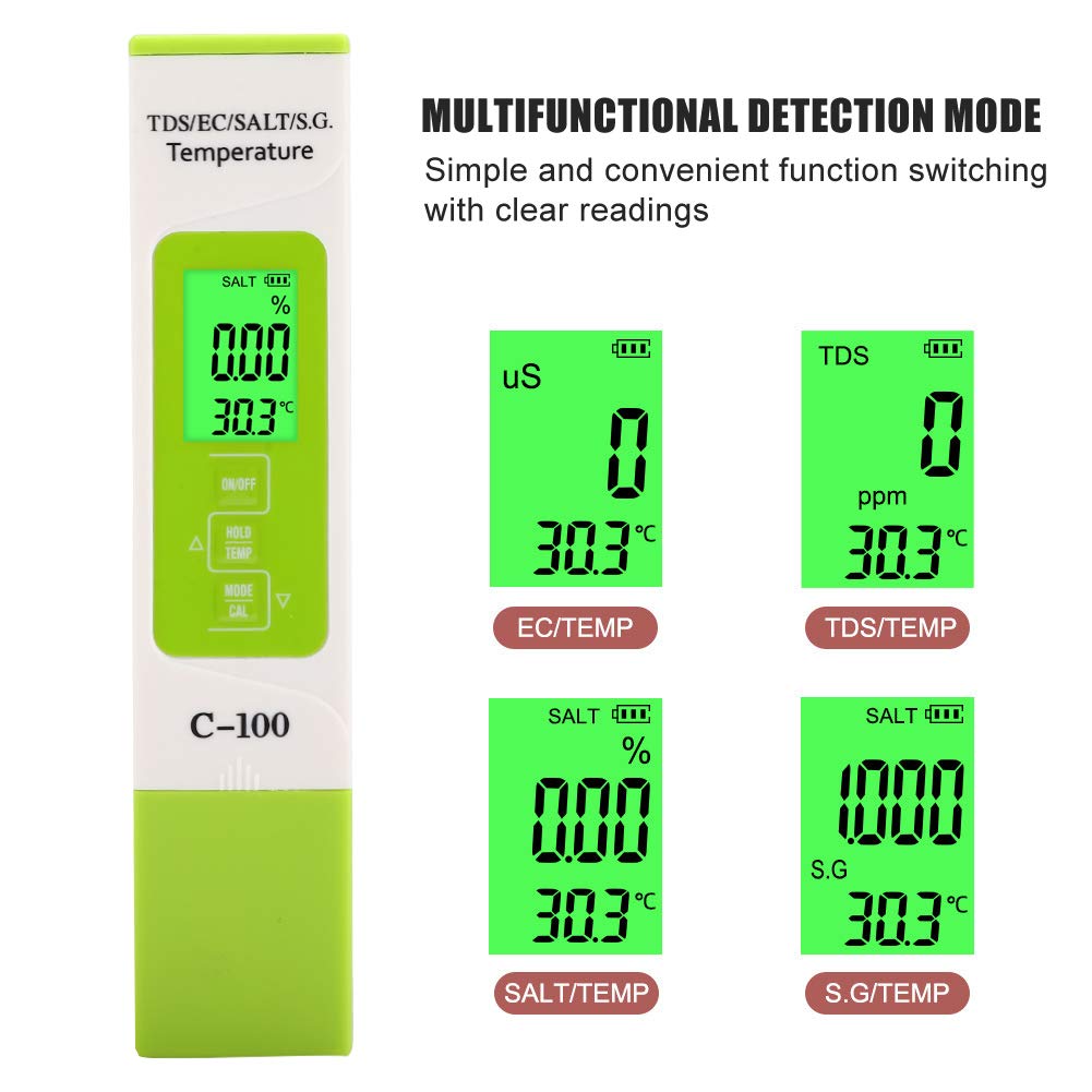 Tester di Salinità TDS EC, Tester di Qualità Dell'acqua C-100 5 in 1, Misuratore di Temperatura, Penna di Test per Rilevatore di Qualità Dell'acqua, Tester Multifunzione per Acqua di Mare con Retroill