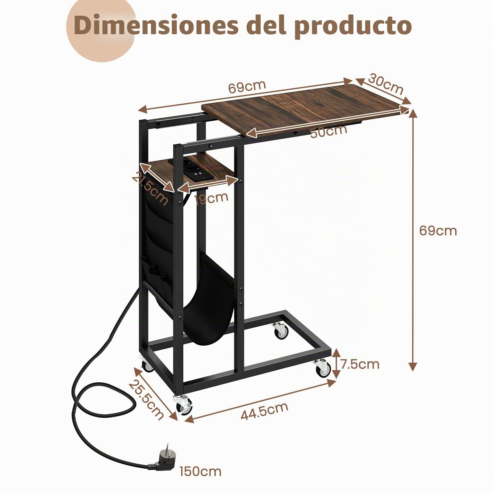 LIFEZEAL mesa Auxiliar con Enchufe, Almacenaje en Forma de C con Ruedas, Pequeña para Sofá, Portátil con Bolsillo Lateral, Salón, Dormitorio (Marrón)