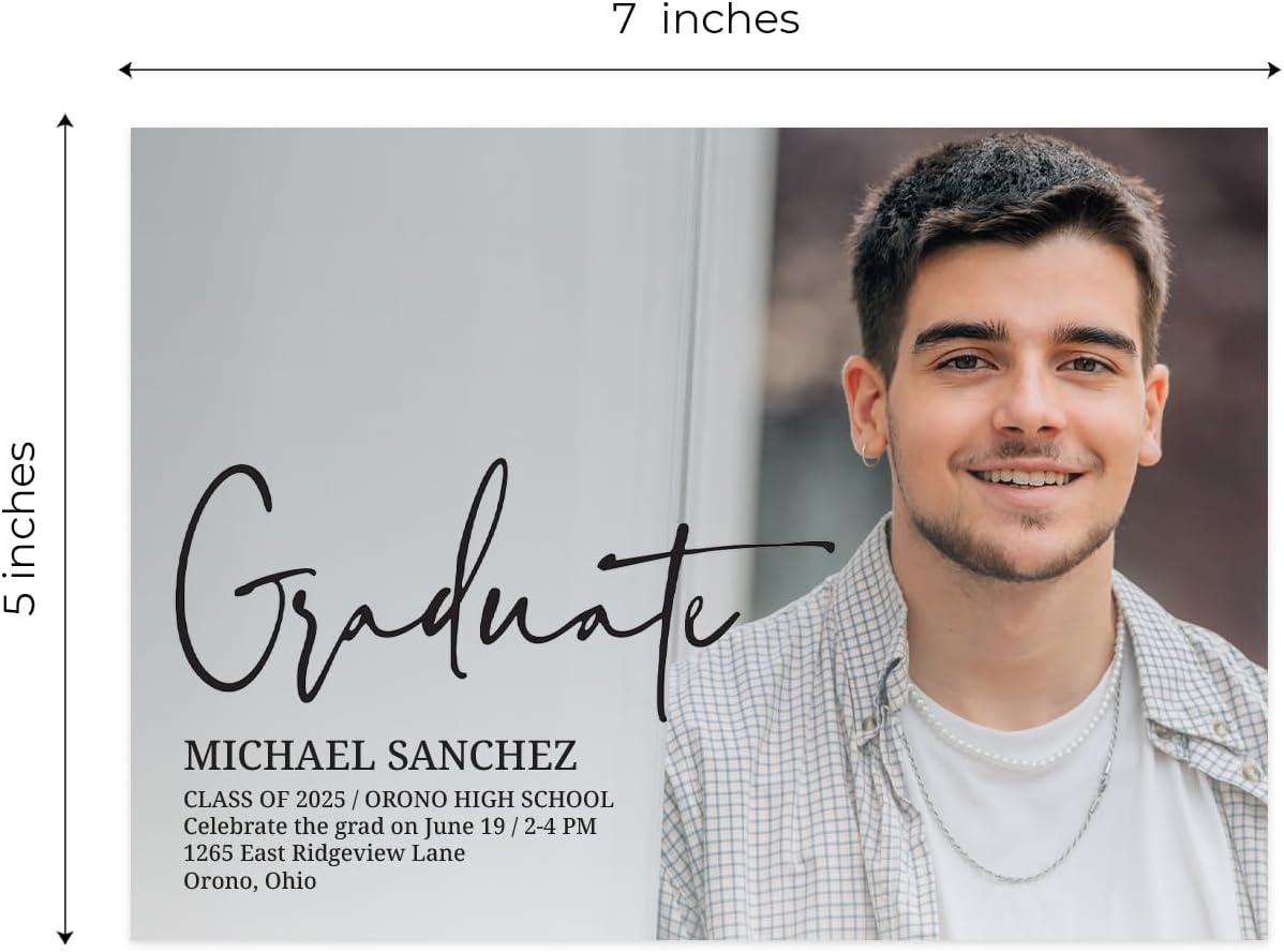 Personalized Horizontal Photo Black Script Graduate Invitations / 25 Custom Image Graduation Party Invites With White Envelopes / 5" x 7" Flat Modern Landscape Grad Announcement Cards / Made In The USA