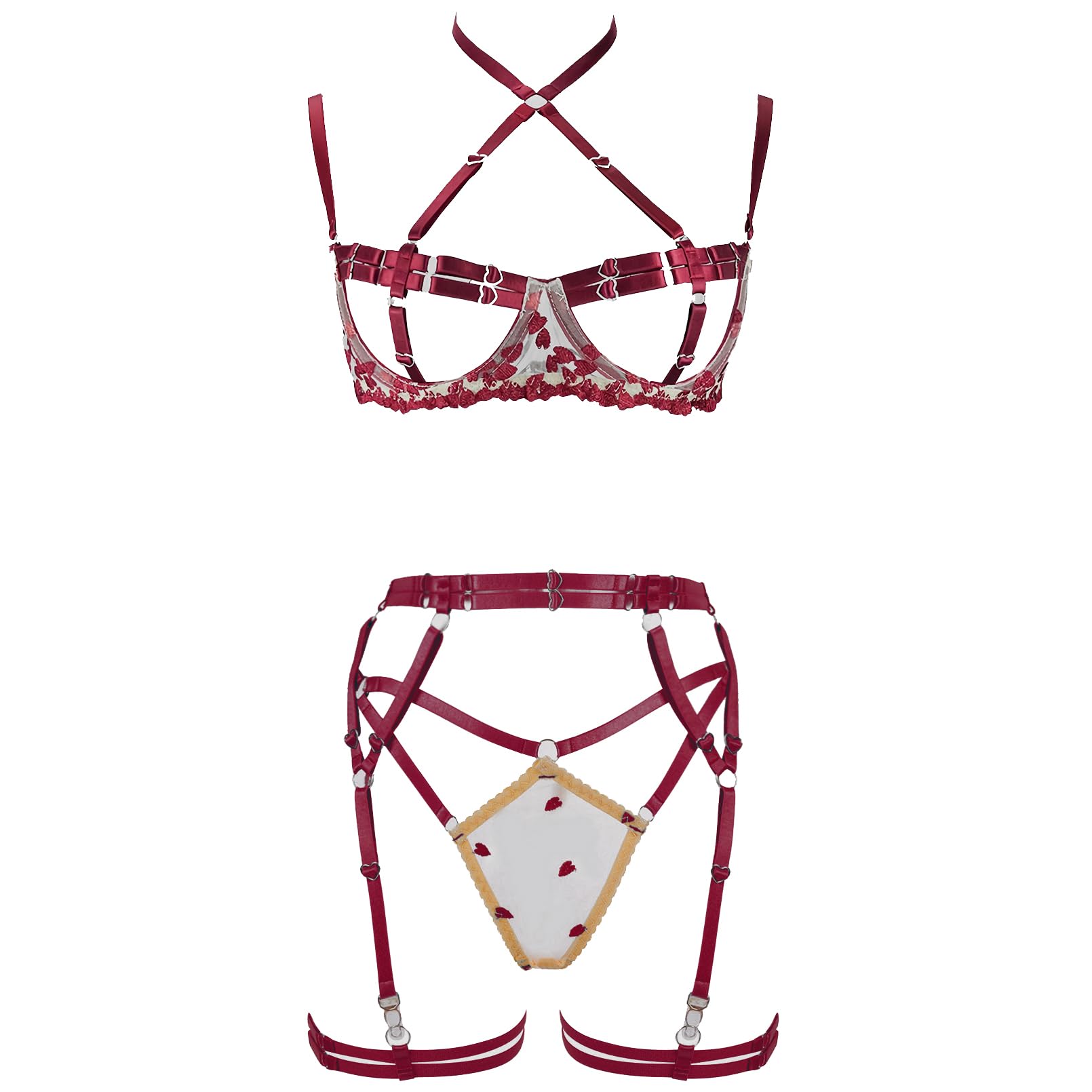 YANZIYAN Women's Strappy 4-Piece Lingerie Set Punk Body Harness Garter Belts Gothic Festival Wear Rave bras, Wine Red, S
