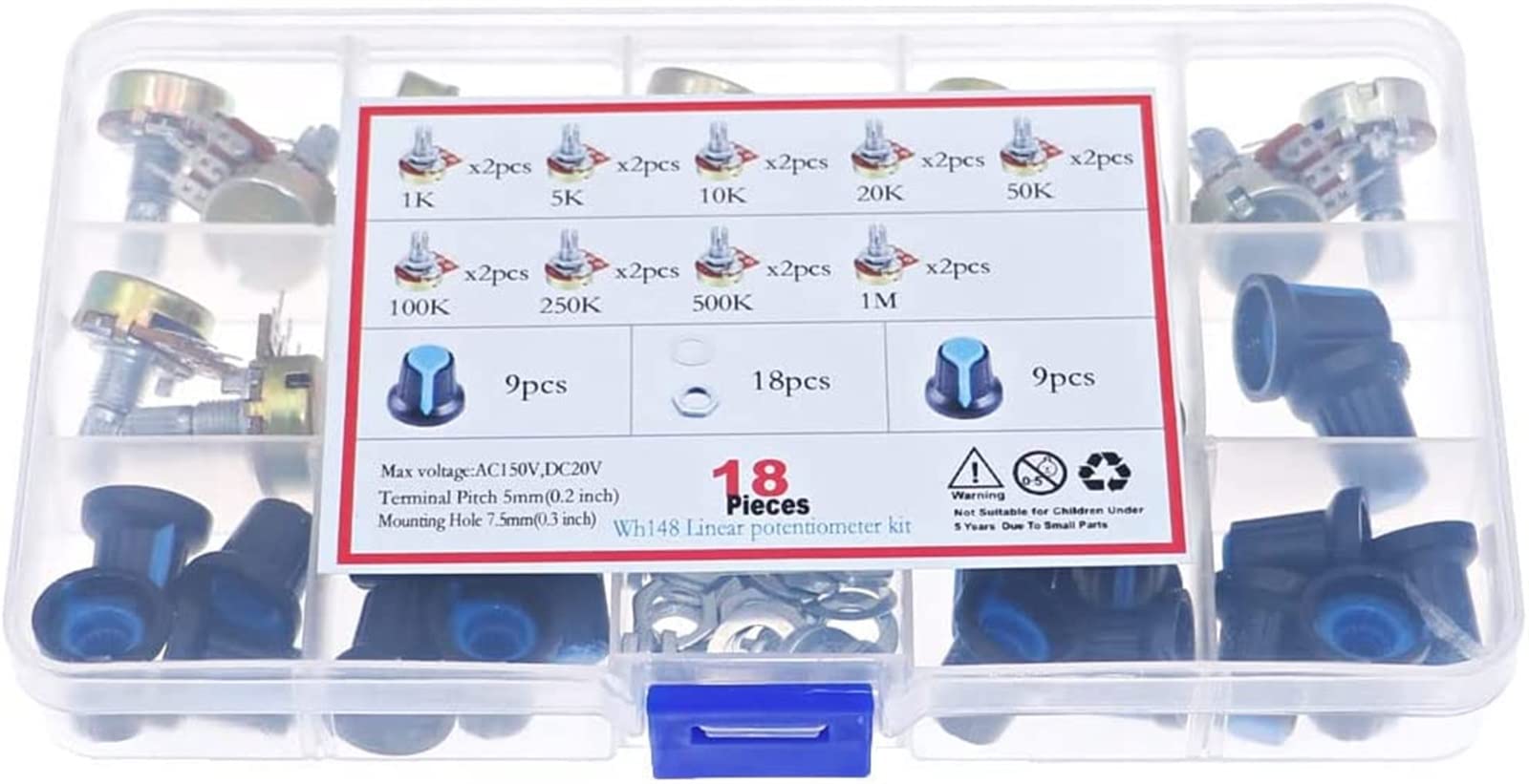 Relé 18 Uds 3Pin WH148 Kit de potenciómetro único B1K 5K 10K 20K 50K 100K 500K 1M con perillas Conjunto de potenciómetro único Tuercas de Eje