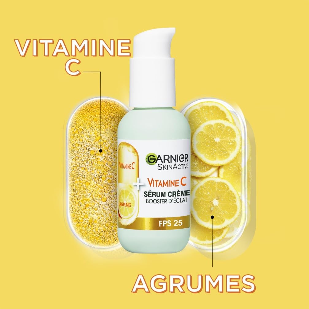 GARNIER Skin Active - Sérum Crème Booster D'Éclat 2-En-1 - Hydratation 72h & Éclat - FPS 25 - Vitamine C & Agrumes - Vegan & Cruelty Free - Peaux Ternes En Manque D'Éclat - 50 ml