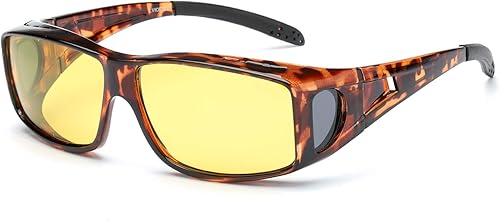 LVIOE Gafas de visión nocturna envolventes, se ajustan sobre gafas graduadas con lentes amarillas polarizadas para conducir nocturno