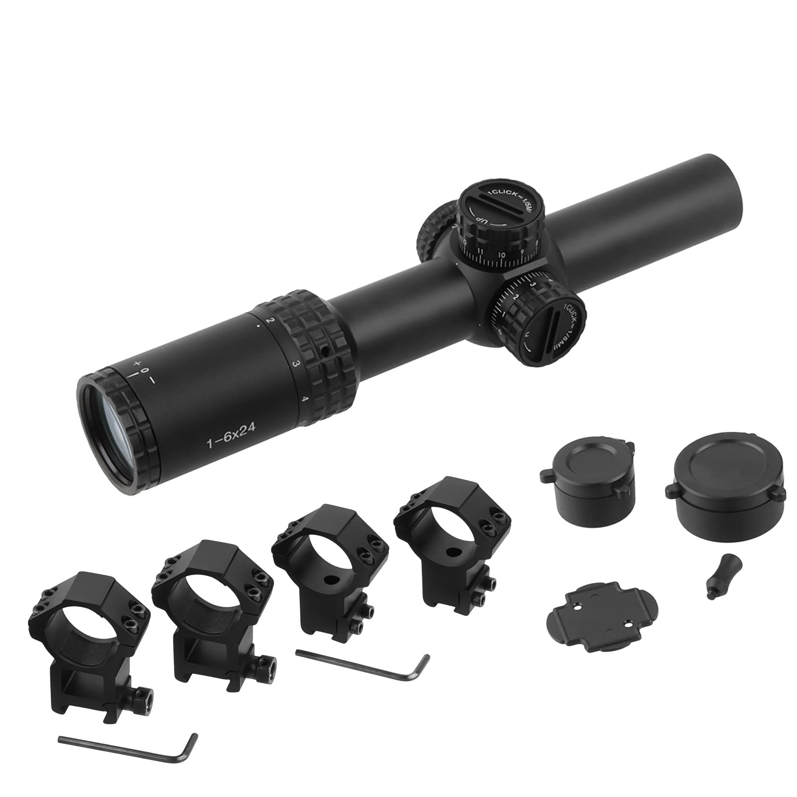 1-6x24 Scope View Finder, réticule MIL Rouge/Vert, avec couvercles d'objectif rabattables et Anneaux de Montage 20 mm 11 mm, antibuée, étanche, Antichoc