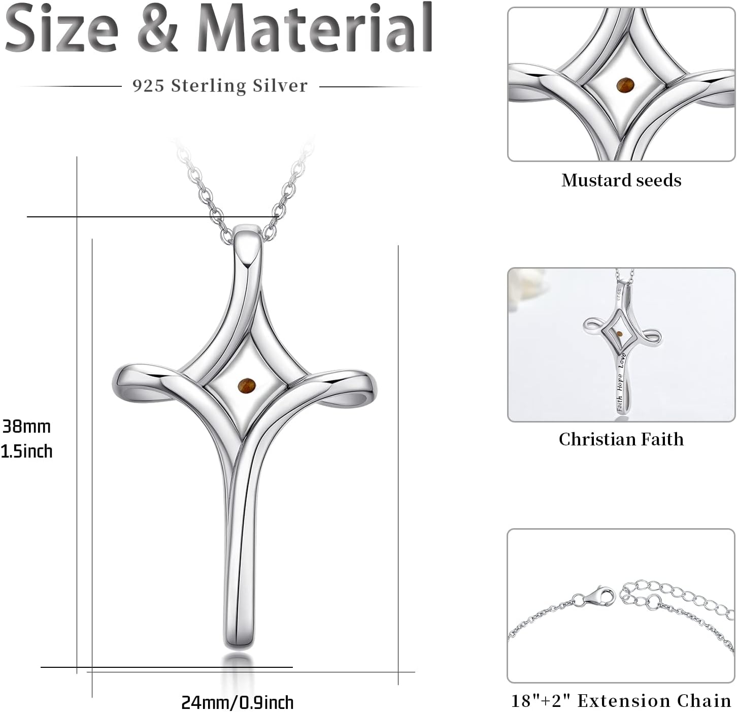 TwoAnts Mustard Seed Cross Necklace 925 Sterling Silver Faith Hope Love Pendant Necklace Inspirational Religious Necklace Christian Jewelry Gift for Women - Image 2