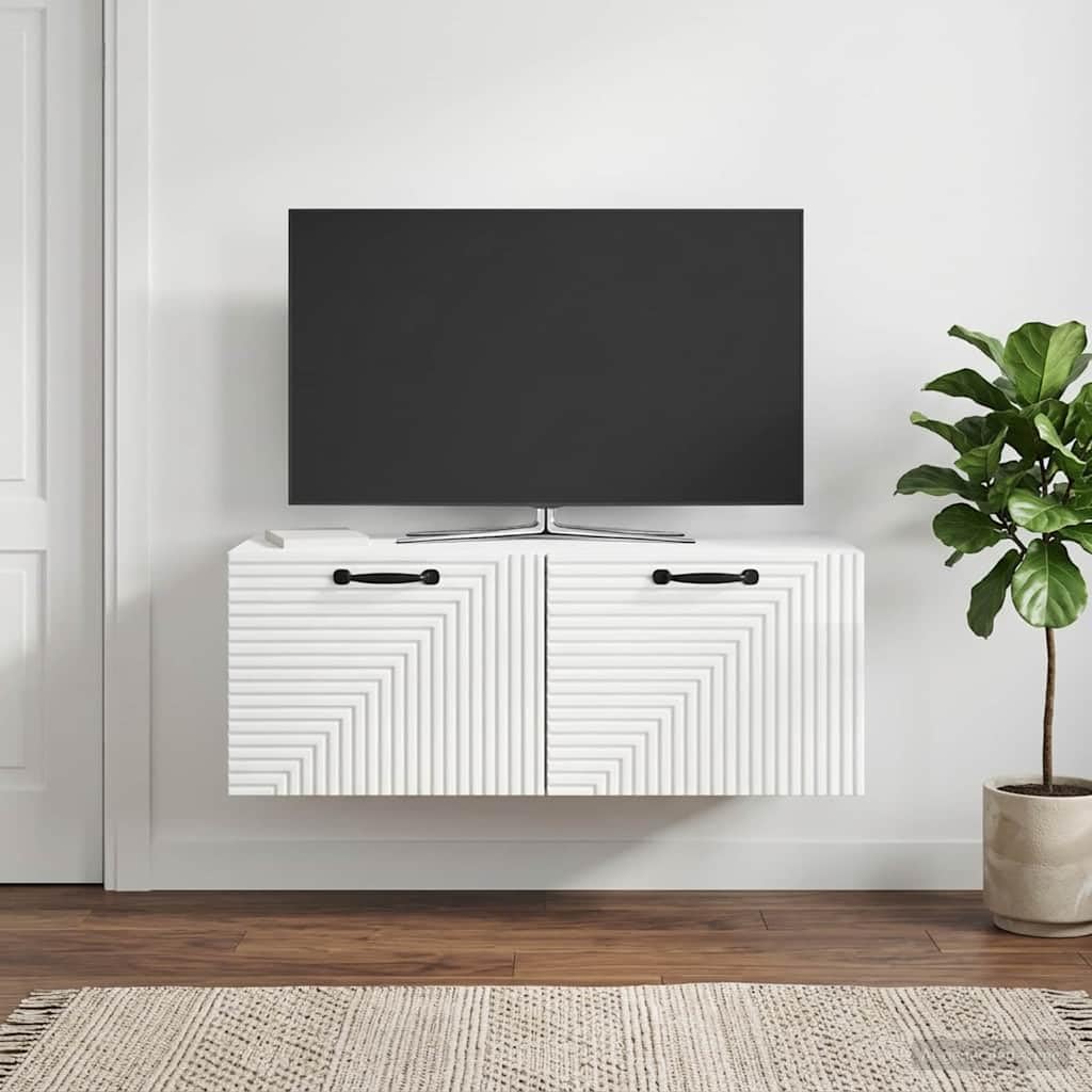 Szafka TV montowana na ścianie, wysoki połysk, biała, 78,5 x 31 x 30 cm, materiał drewnopochodny, zajmuje mało miejsca, z miejscem do przechowywania i 2 drzwiami uchylnymi, wisząca do salonu