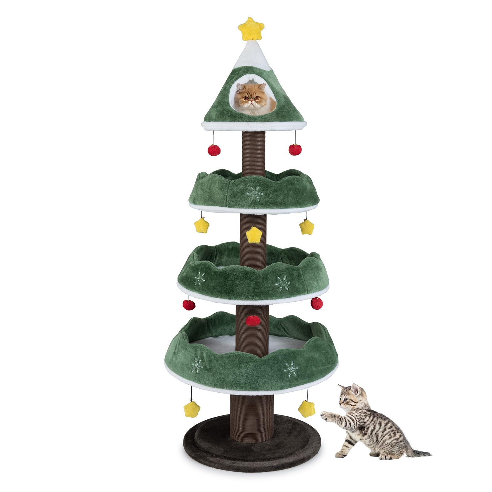 COSTWAY 179cm Cat Tree, Christmas Tree Shape Cats Tower with 3 Plush Platforms, Enclosed Top Perch, Scratching Posts, 11 Hanging Balls, Multi-Level Kitten Activity Center