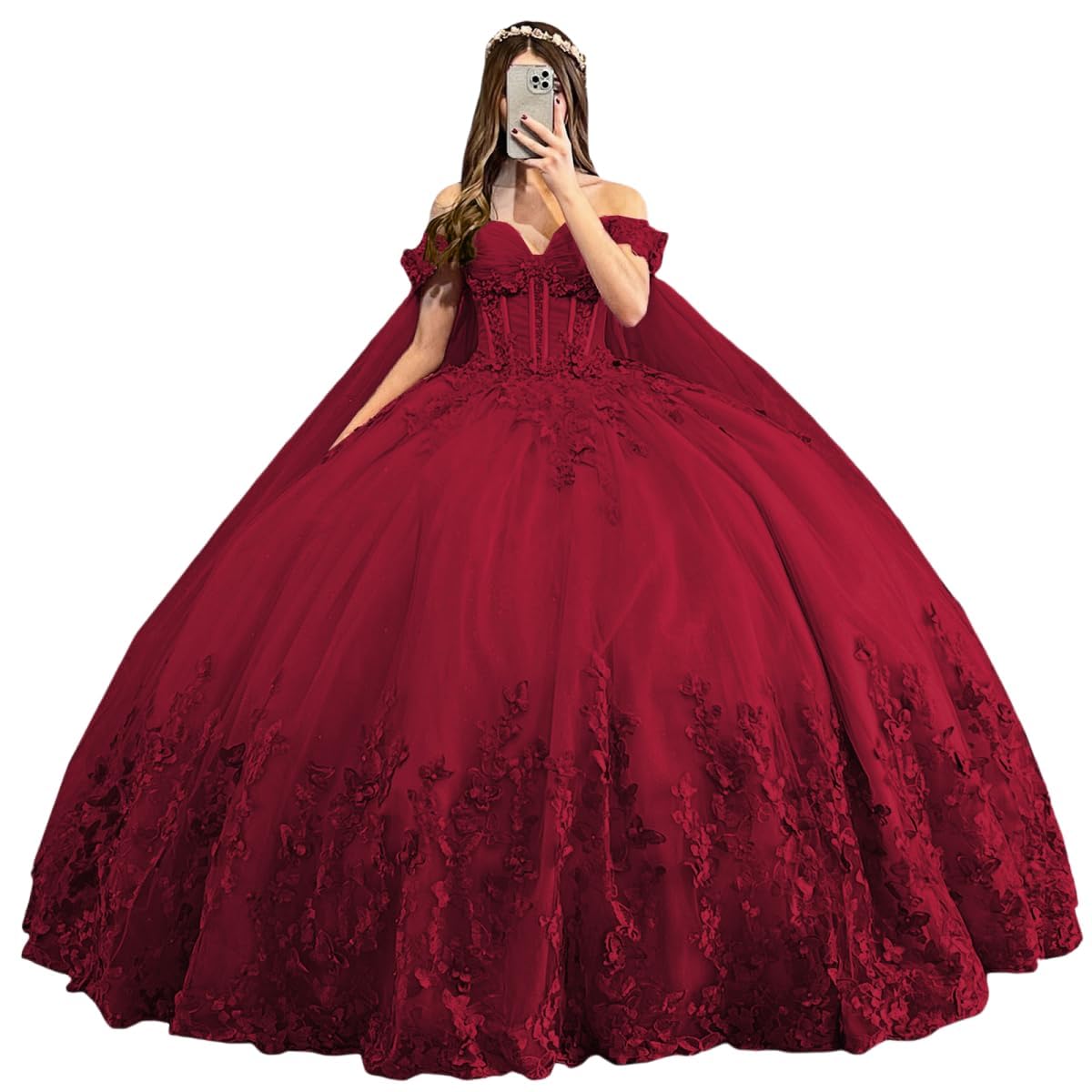 Vestidos de quinceañera con Mariposas 3D y Brillos con Capa y pedrería Vestidos de Fiesta y para Sweet 16 con Hombros Descubiertos YG45