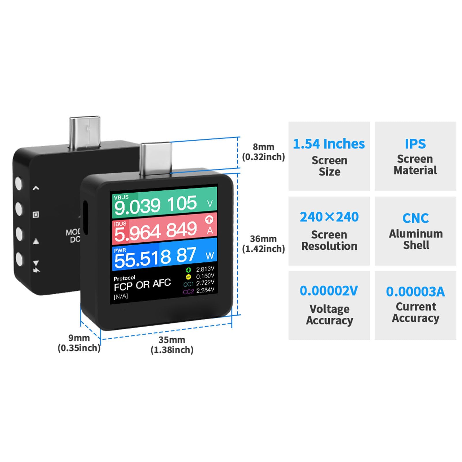 Fafeicy Tester USB C, Przenośny Cyfrowy Miernik Napięcia z Ekranem IPS o Przekątnej 1,54 Cala do Szybkiego Testu ładowania, Obsługa USB PD3.1 QC5.0 Thunderbolt 3/4 E-Marker