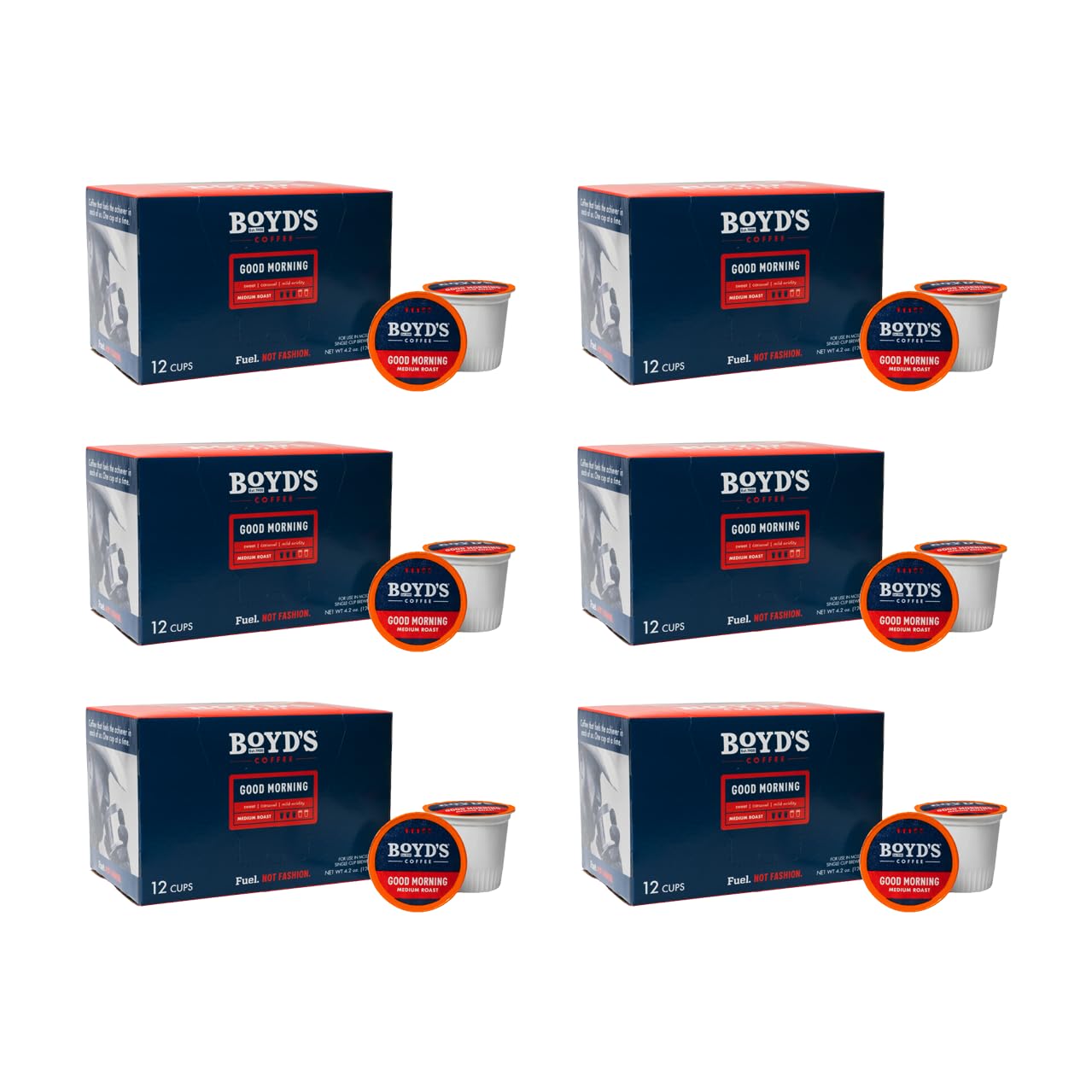 Boyds Good Morning Single Serve Coffee Pods, Medium Roast, 72 Count (6 x 12 Count Boxes), Smooth Balanced Morning Coffee with Toasted Almond Aroma, Chocolate Notes, Mild Fruit, Cocoa Finish