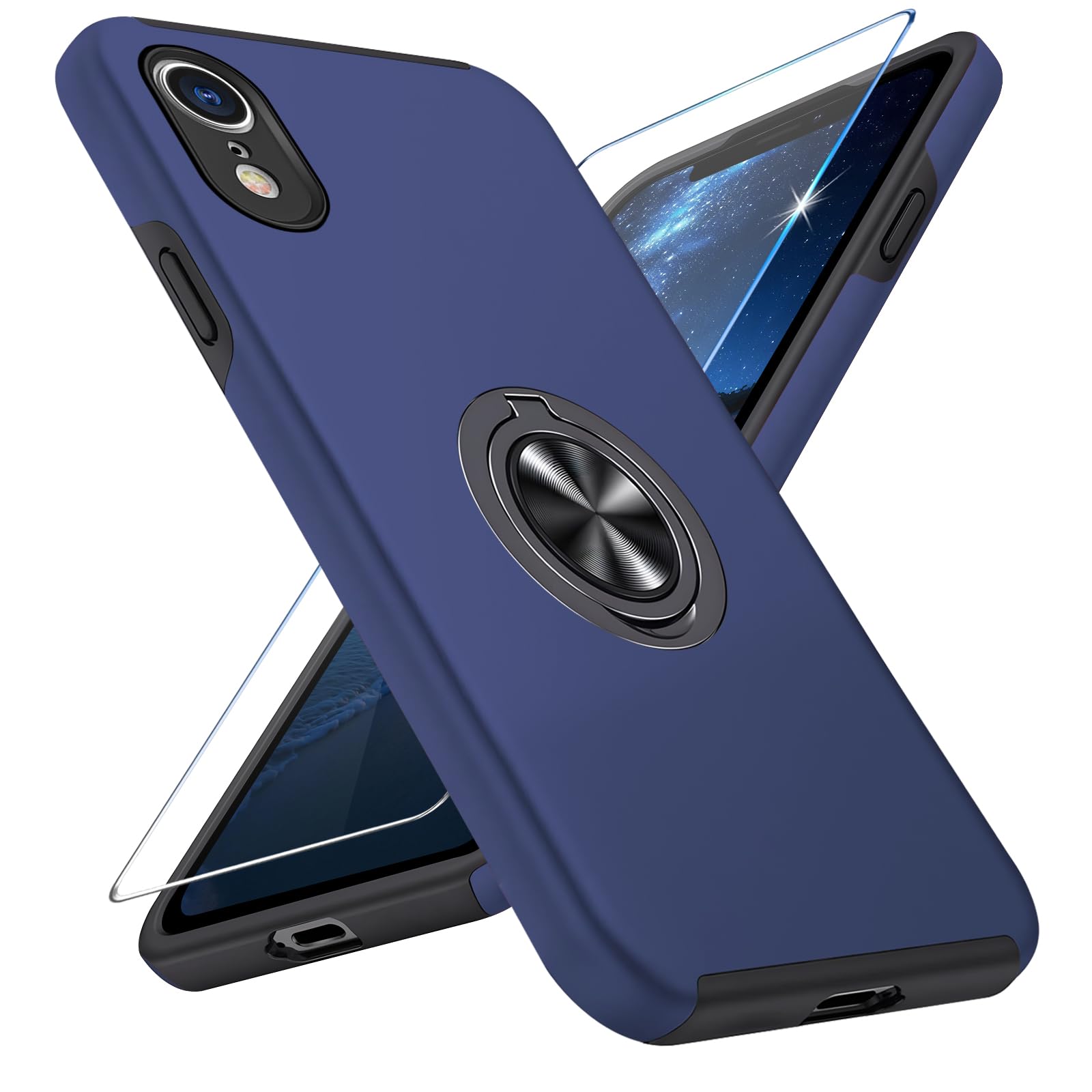 Vaki Handyhülle für iPhone XR Hülle mit Schutzfolie, Schutzhülle Case mit 360° Magnetischer Ring Ständer Kratzfest Fallfestigkeit Stoßfest für iPhone XR Cover (Blau)