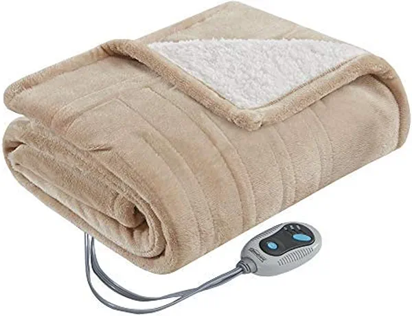 Beautyrest Heated Throw Blanket Wearable Shawl for Gifts, Sherpa to Fleece Electric Wrap Poncho, Auto Shut Off, Virtually No EMF, 3 Heat Level, UL Certified, Machine Wash, Tan 50"x64"