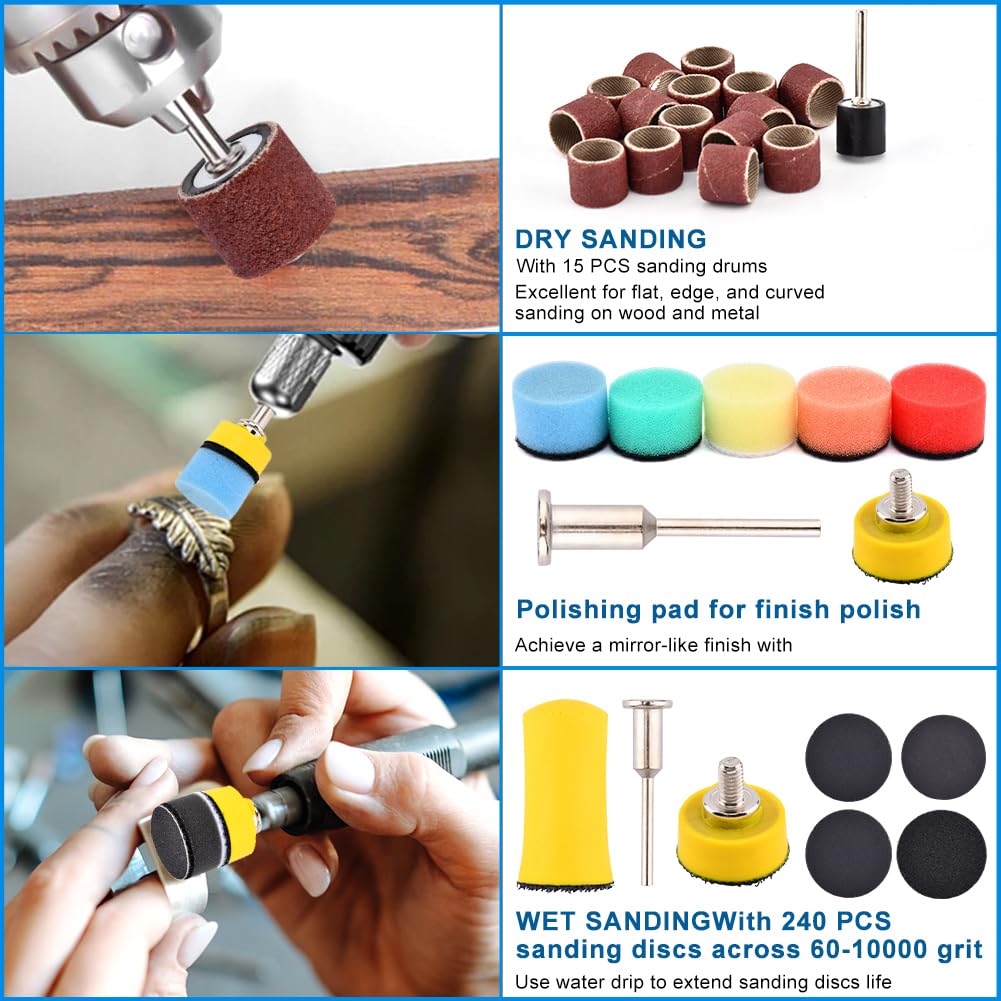 268 PCS 1 Inch Wet Dry Sanding Discs and Drums, 60 to 10000 Grit Wet Dry Sandpaper Micro Sand Paper with 1/8" Shank Backing Pad, fit for for Drem-el Rotary Tool, for Auto Wood Metal Jewelry Resin