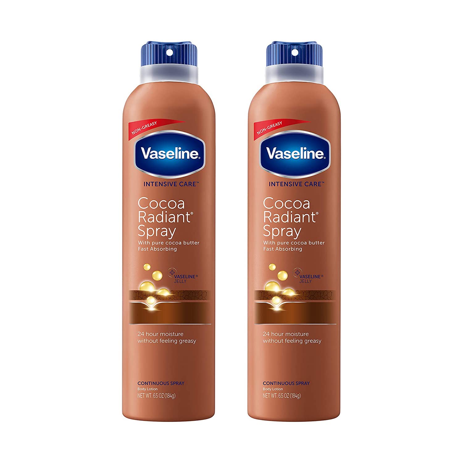 Vaseline Intensive Care Cocoa Radiant Spray, Moisturizes Dry Skin in an Easy to Apply Continuous Spray, Provides 24-Hour Moisture, Absorbs Quickly and Leaves Skin Soft, 6.5 oz, Pack of 2