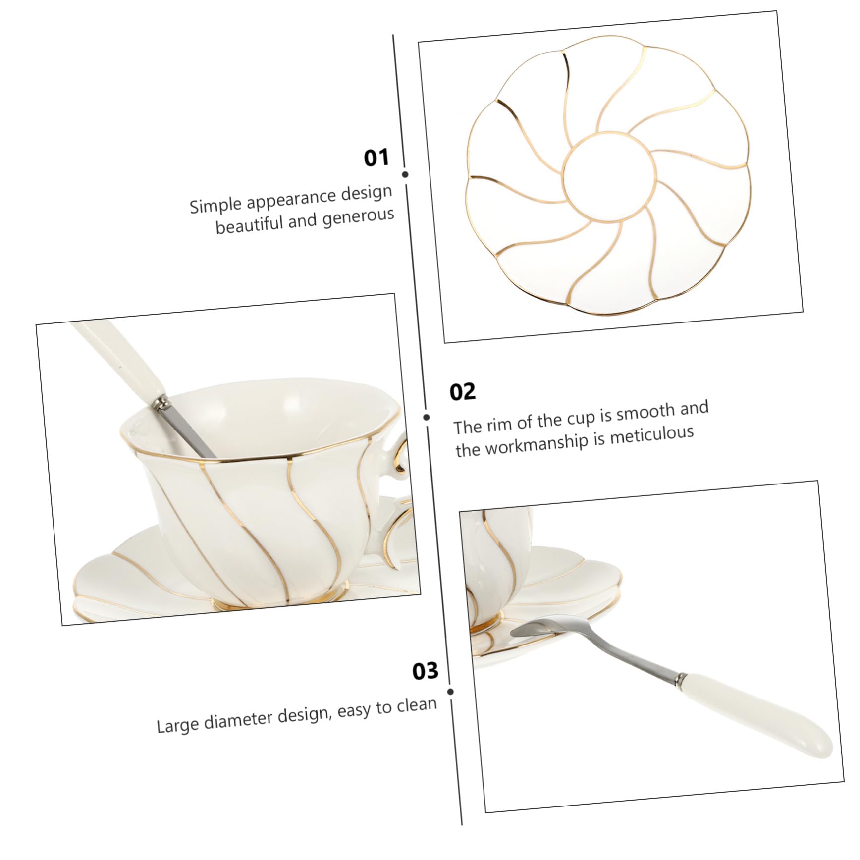Gatuida Tazas de Café y Té de Elegante con Dorado Set de Taza Plato y Cuchara Resistente y Fácil de Limpiar para Hogar y Oficina