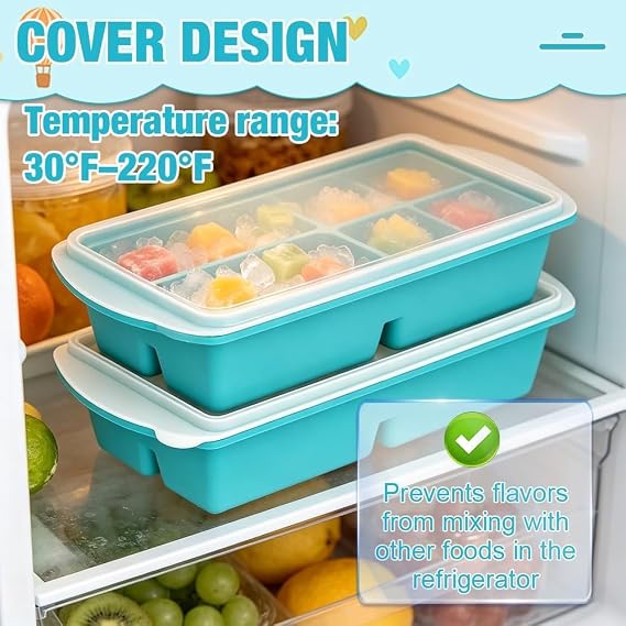 2 Pack Souper Cubes Silicone Freezer Tray, 1000ML Soup Freezer Containers with Lid, 4-Compartment Silicone Freezer Moulds, Makes 8 Perfect 1 Cup portions Cubes, for Meal Prep, Soup (Type1-Cool Green)