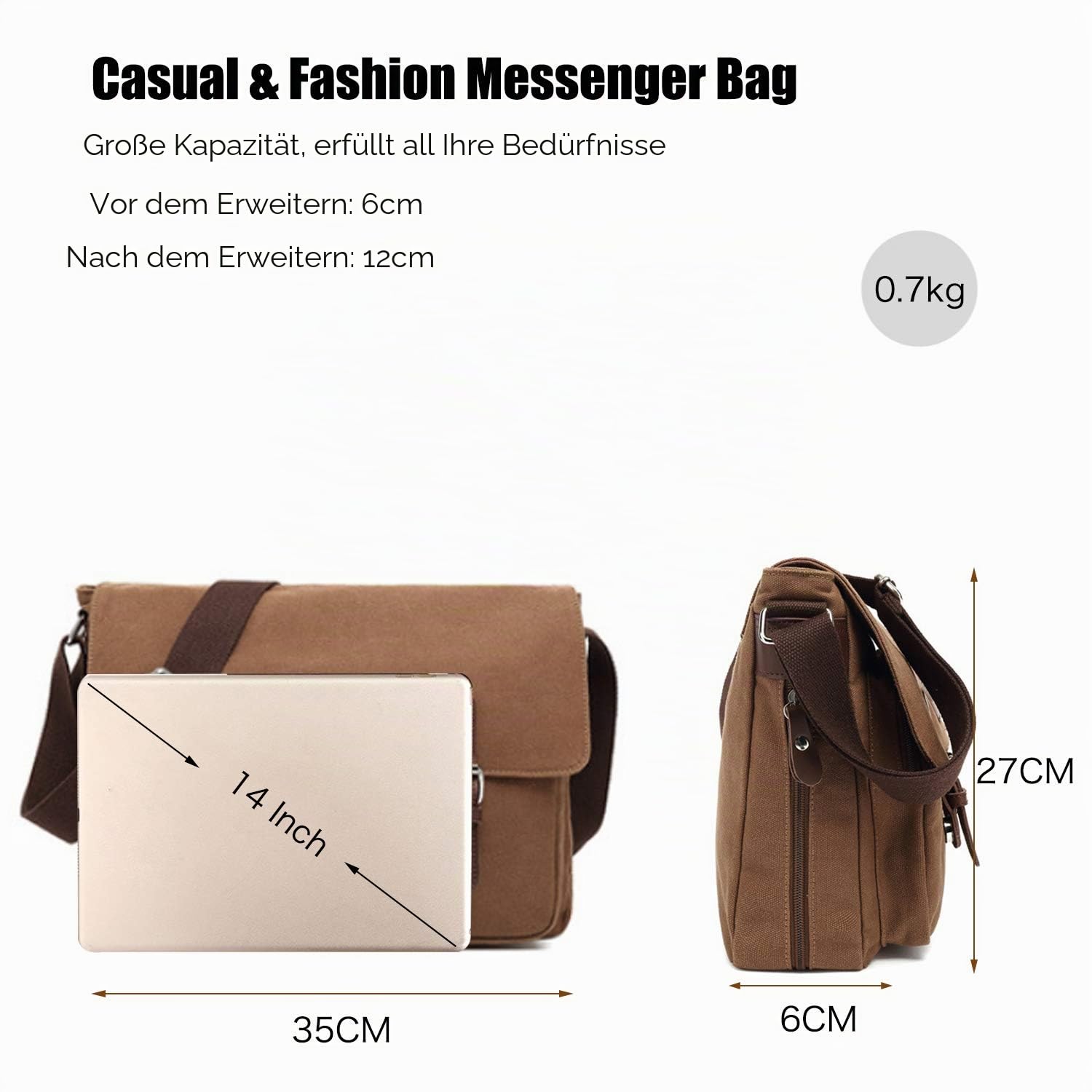 FANDARE Vintage Umhängetasche Segeltuch Schultertasche Erweiterbar Crossbody Bag Herren Damen Reise Business Messenger Bag passen 10.9 inch Tablet Canvas Tasche