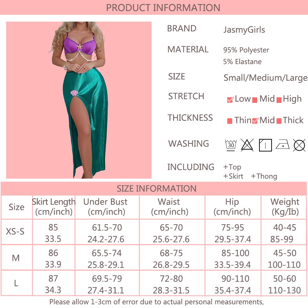 JasmyGirls Costume da principessa sirena per Halloween, da donna, a due pezzi, con reggiseno a stella marina e vestito con conchiglie