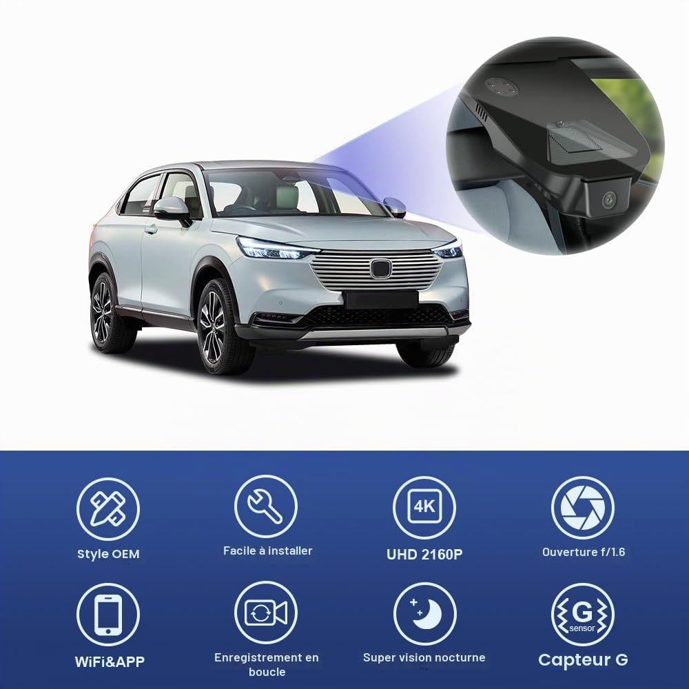 Fitcamx Dashcam Compatible avec Honda HR-V & e:Ny1 2023-2027 European Version, Camera Embarquée Voiture 4K OEM, WiFi Vidéo UHD 2160P, G-Senseur, Enregistrement en Boucle, WDR, Plug & Play, Carte 64Go