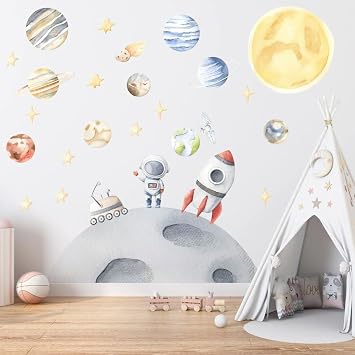 Space Wall Decal - Planets Wall Sticker for Kids Room - Solar System Nursery Wall Decor - Rocket Stickers Earth Sun Boys Bedroom Playroom Vinyl Mural Planets Only