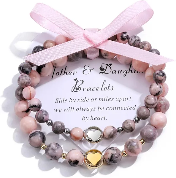 Jovivi Heart Bracelet for Women 2Pcs Healing Crystals Bracelets 6mm 8mm Love Charm Bracelet for Mom Daugher Natural Stone Stretch Beads Bracelet Gifts for Mother's Day Birthday Jewelry
