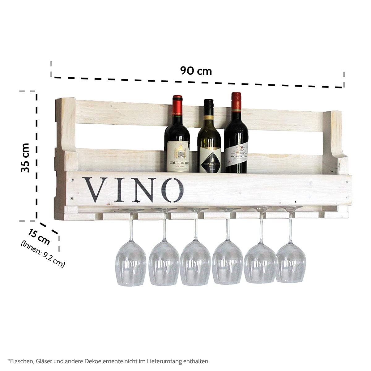 Dekorie Botellero de Madera para la Pared - Con Soporte para Copas y Texto Vino - Blanco - Montado - Estantería para Botellas y Copas — view 4