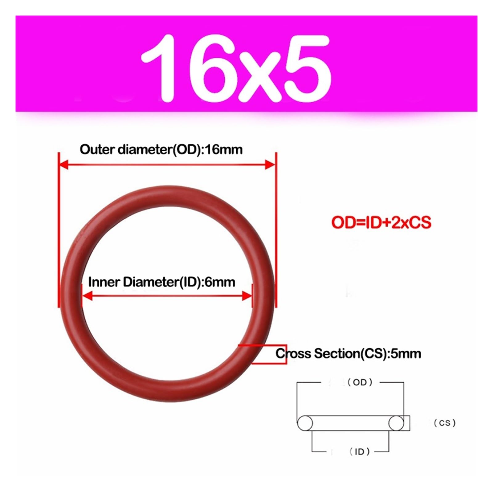 CS 5mm, Kolor Czerwony Guma Silikonowa O-ring | 355x5(1pcs)