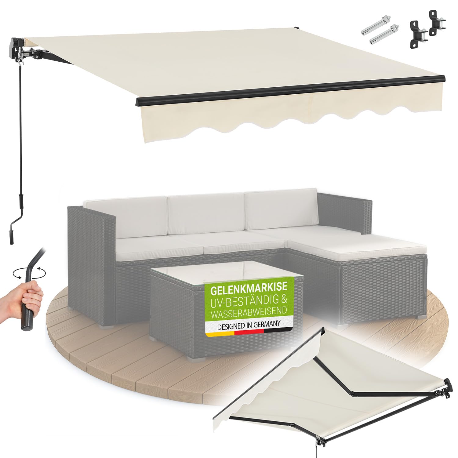 Juskys Gelenkarmmarkise 300 x 250 cm, mit Kurbel & Wandhalterung, UV40+ & wasserabweisend, Beige