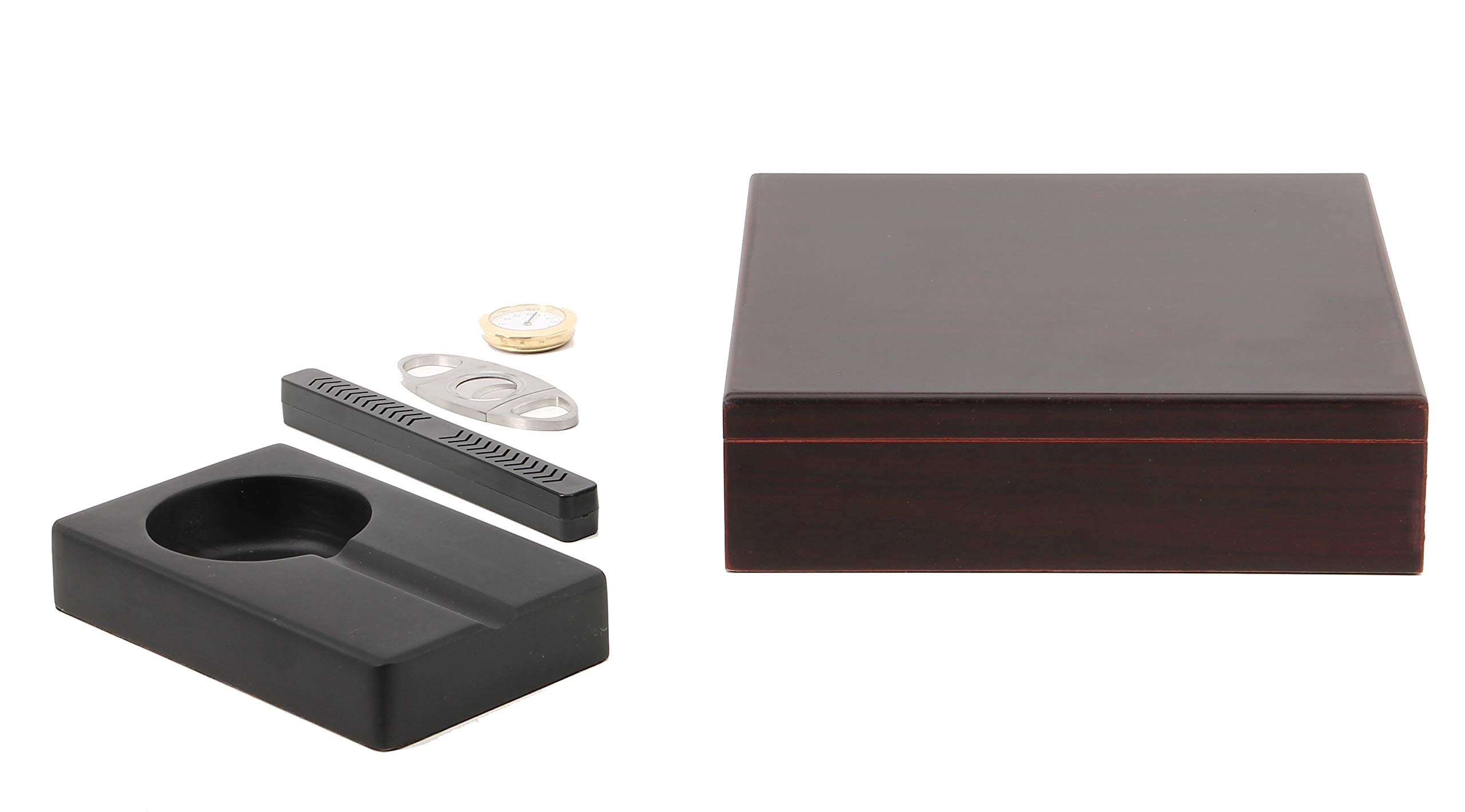 BigSmoke Humidor Set per sigari - cofanetto per sigari in legno di cedro, umidificatore, igrometro, posacenere e tagliasigari - a tenuta d'aria, coperchio in legno - 30 sigari - marrone