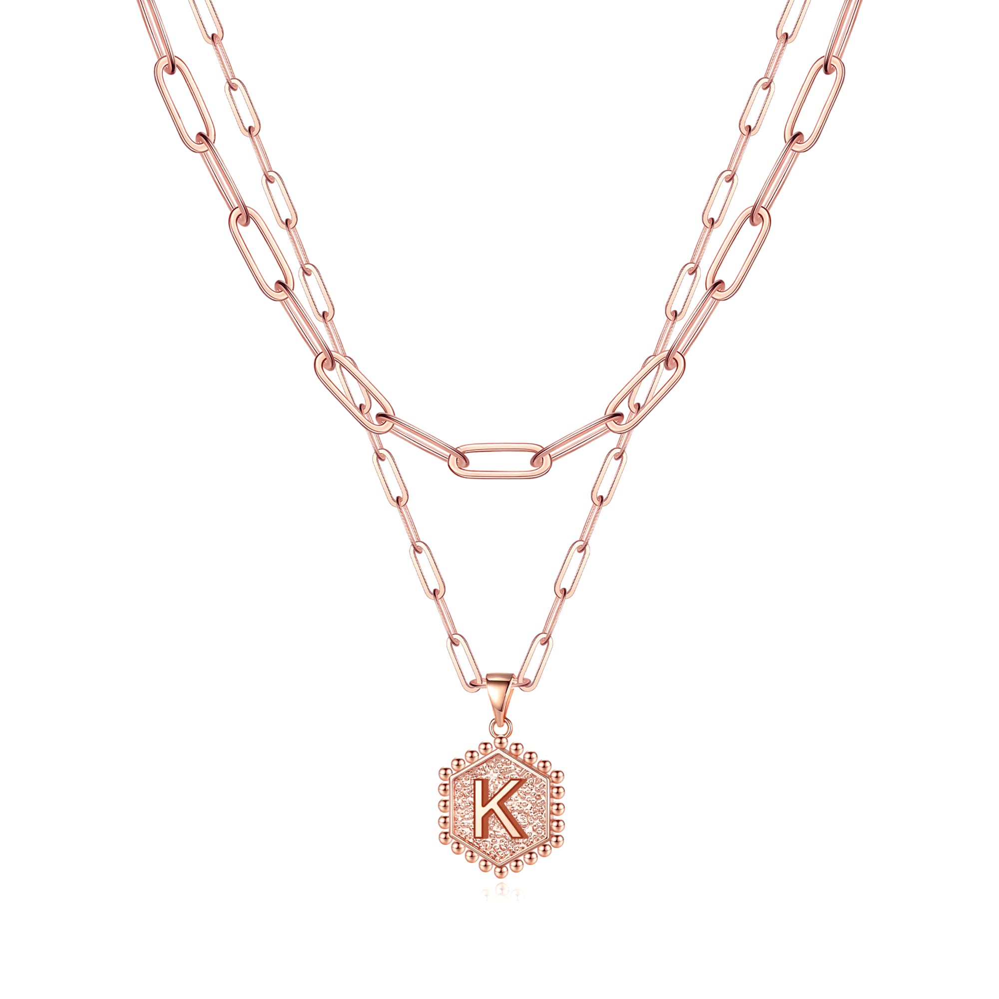 M MOOHAM Dainty Initial Necklaces for Women, 14K-Gold-Plated Layering Necklace for Women Cute Hexagon Letter Initial Necklace Layered Necklaces for Womens Teen Girl Gifts 18 IN K Rose Gold Plated