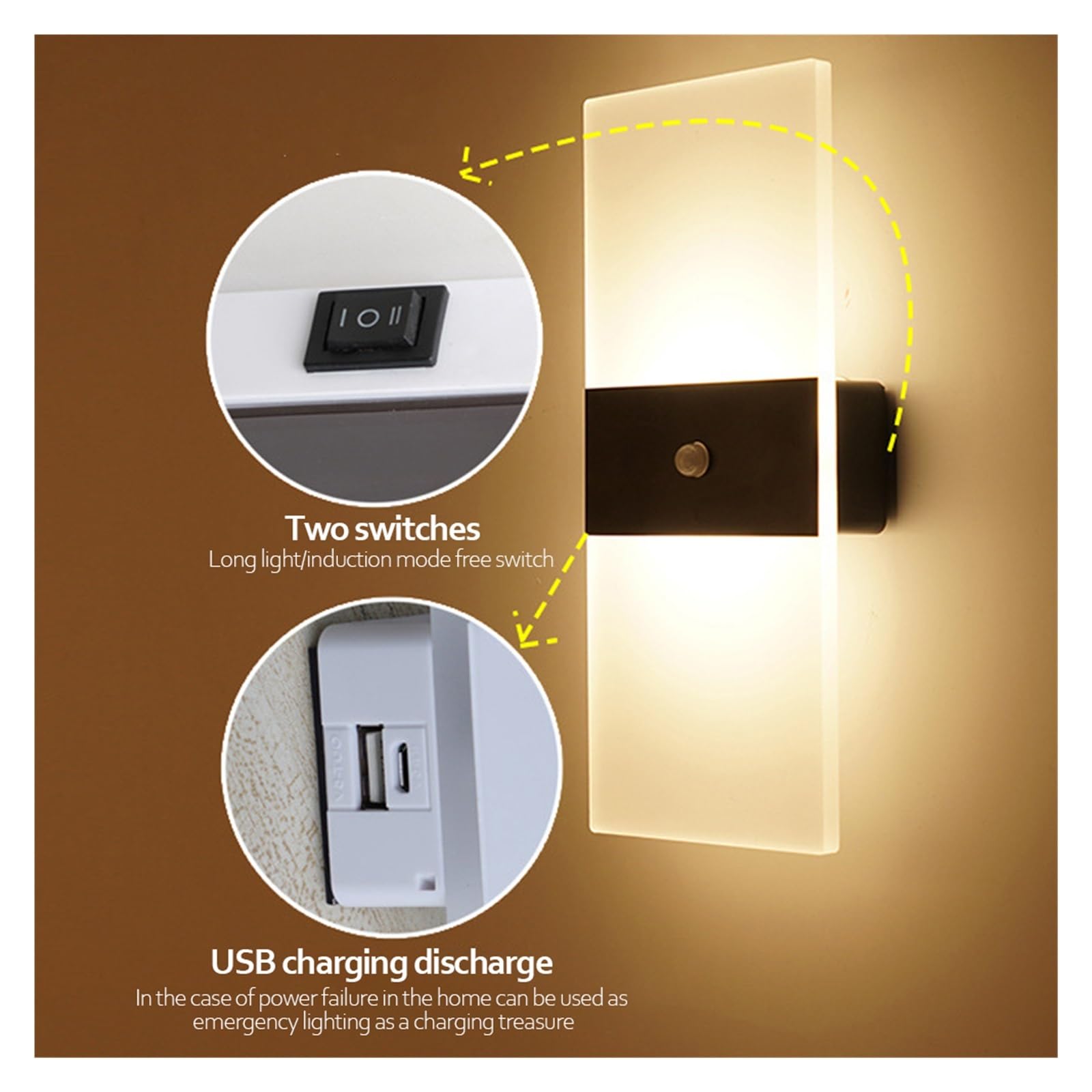 PIR Motion Czujnik Lampa ścienna USB Akumulator Dekoracja wnętrz dla domu Oświetlenie Lampa nocna do sypialni Kinkiet na schody (Kolor : Round Black )