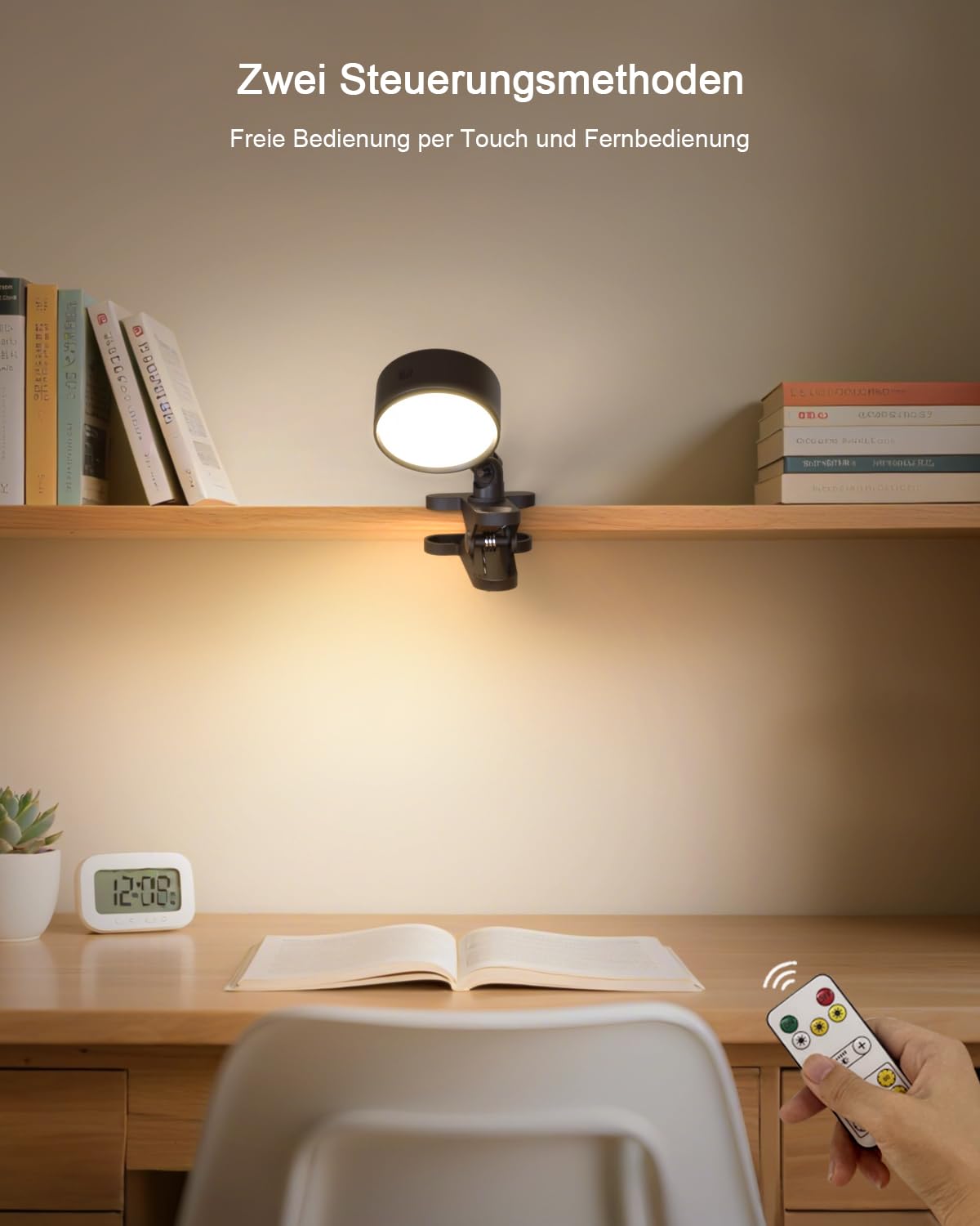 Leselampe Bett Klemme, LED Klemmlampe Akku mit 5000mAh, Klemmlampe Bett mit 3 Farben Dimmbar Touch Fernbedienung, 360° Flexibel Bettlampe Klemmleuchte Kabellos mit Timer und Speicherfunktion