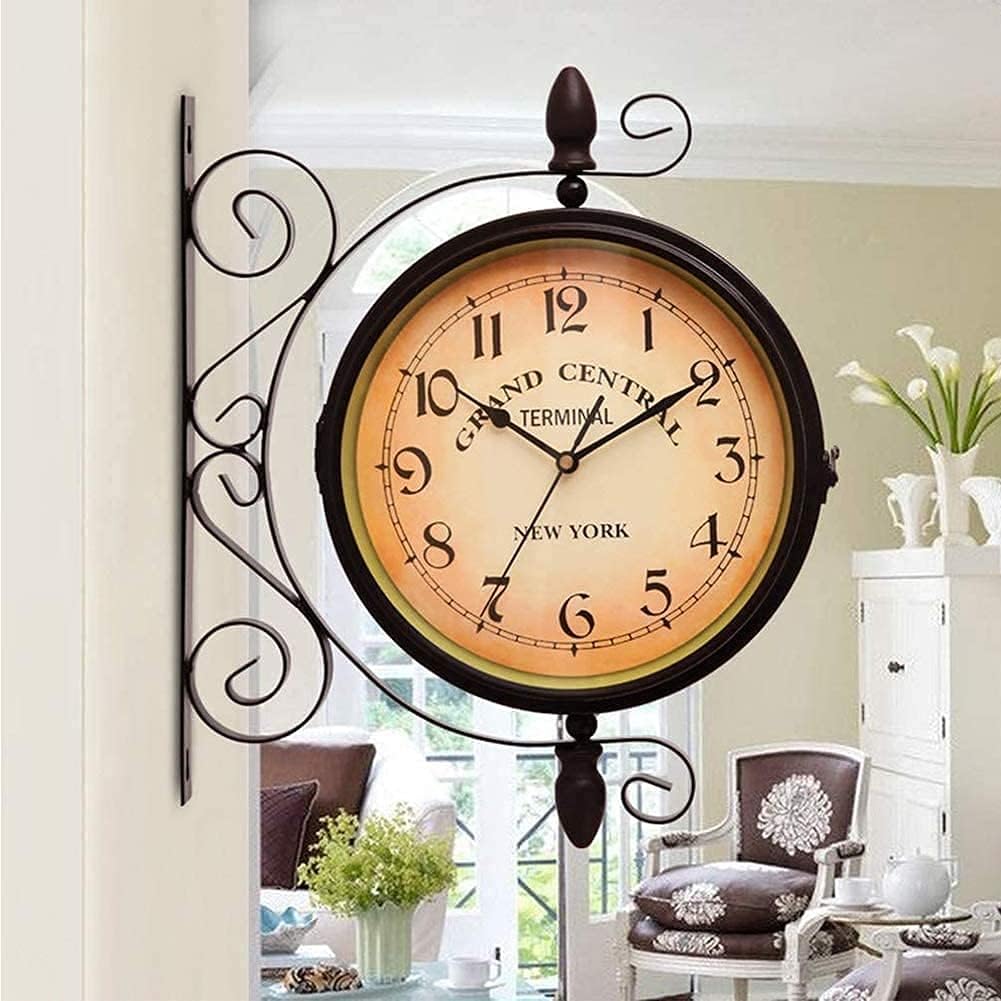 Outdoor Garden Clock,Weatherproof Wall Mounted Double Sided Garden Clock with Bracket,European Retro Style Wrought Iron Wall Clock Outdoor Ornaments