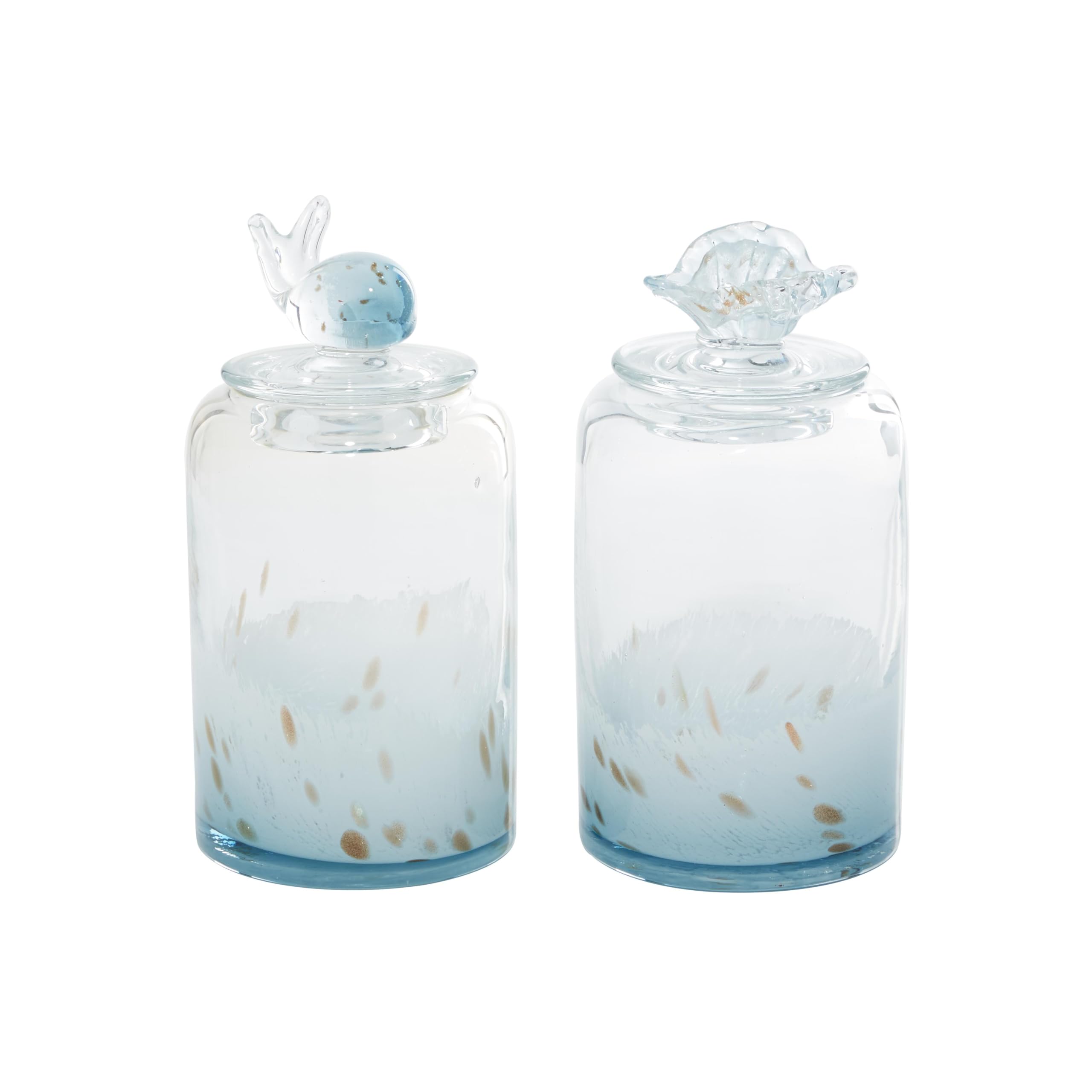 Deco 79 Glass Shell Handmade Living Room Decorative Jars Decorative Container with Whale and Seashell Tops, Set of 2 Jar with Lid 5