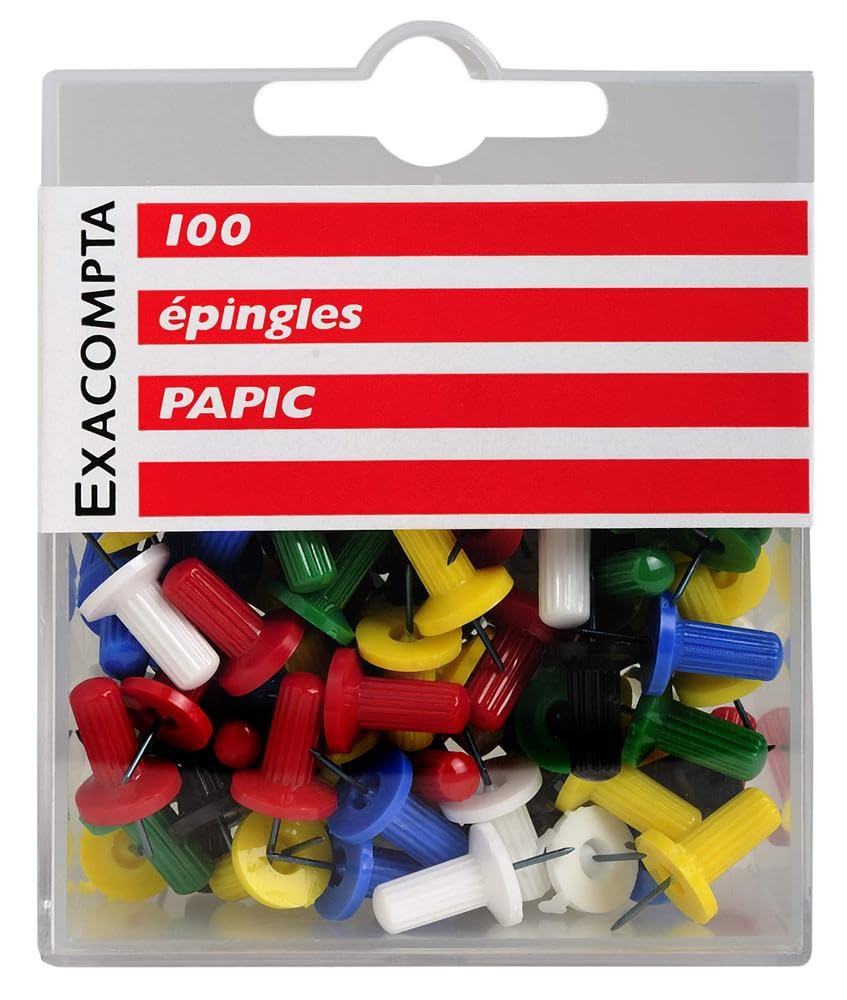 Exacompta - Ref 14996E - Round Head Pins (Pack of 100) - 7mm Width x 10mm Height in Size - Suitable for Pinboards or Corkboards in Offices, Homes & Businesses - 6 Assorted Colours