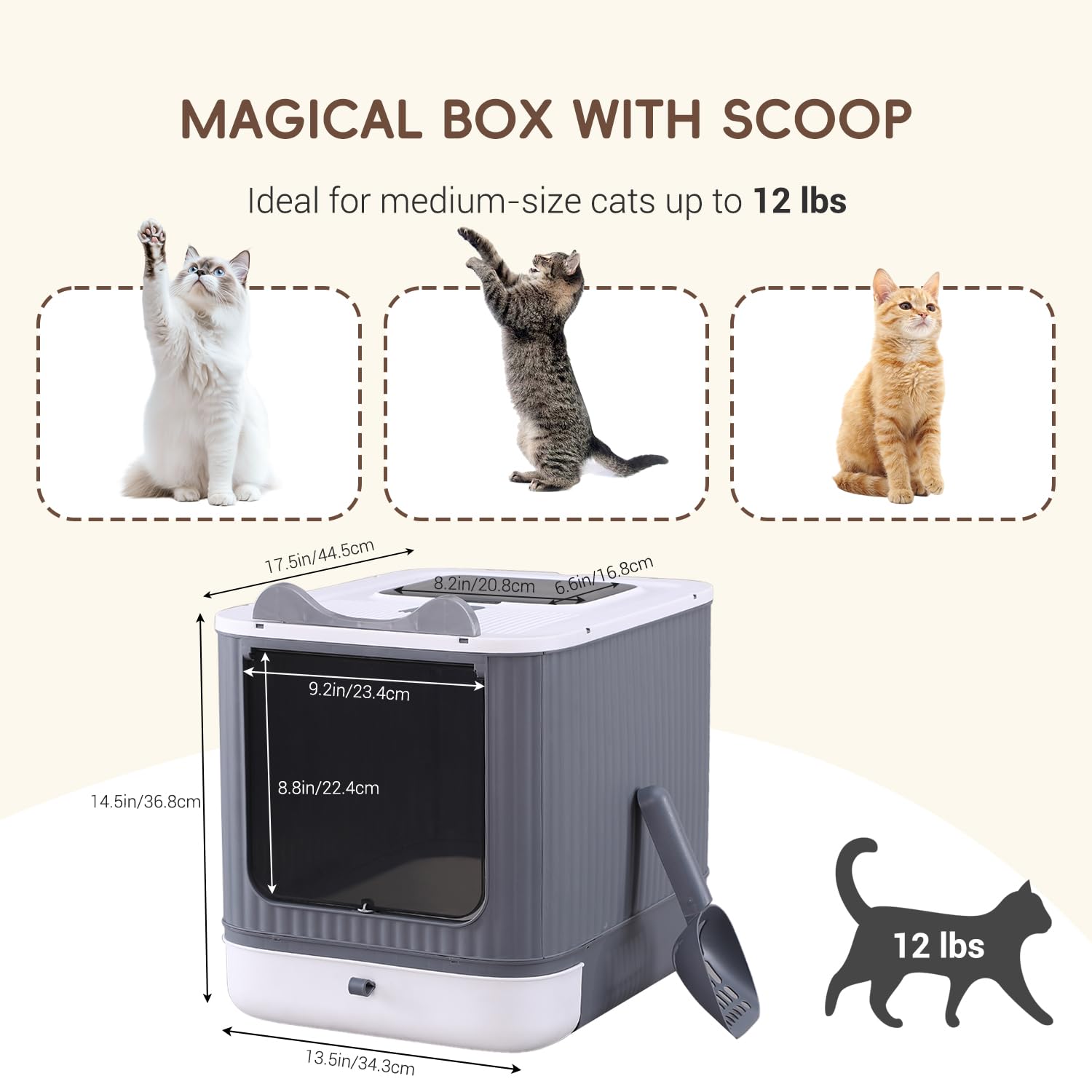 Upgraded Fully Enclosed Cat Litter Box with Lid, Covered Cat Box Enclosure, Anti-Splashing Easy to Clean Kitty Litter Boxes with Drawer, 3 Modes can Use from Kitten to Adult(White&Grey)