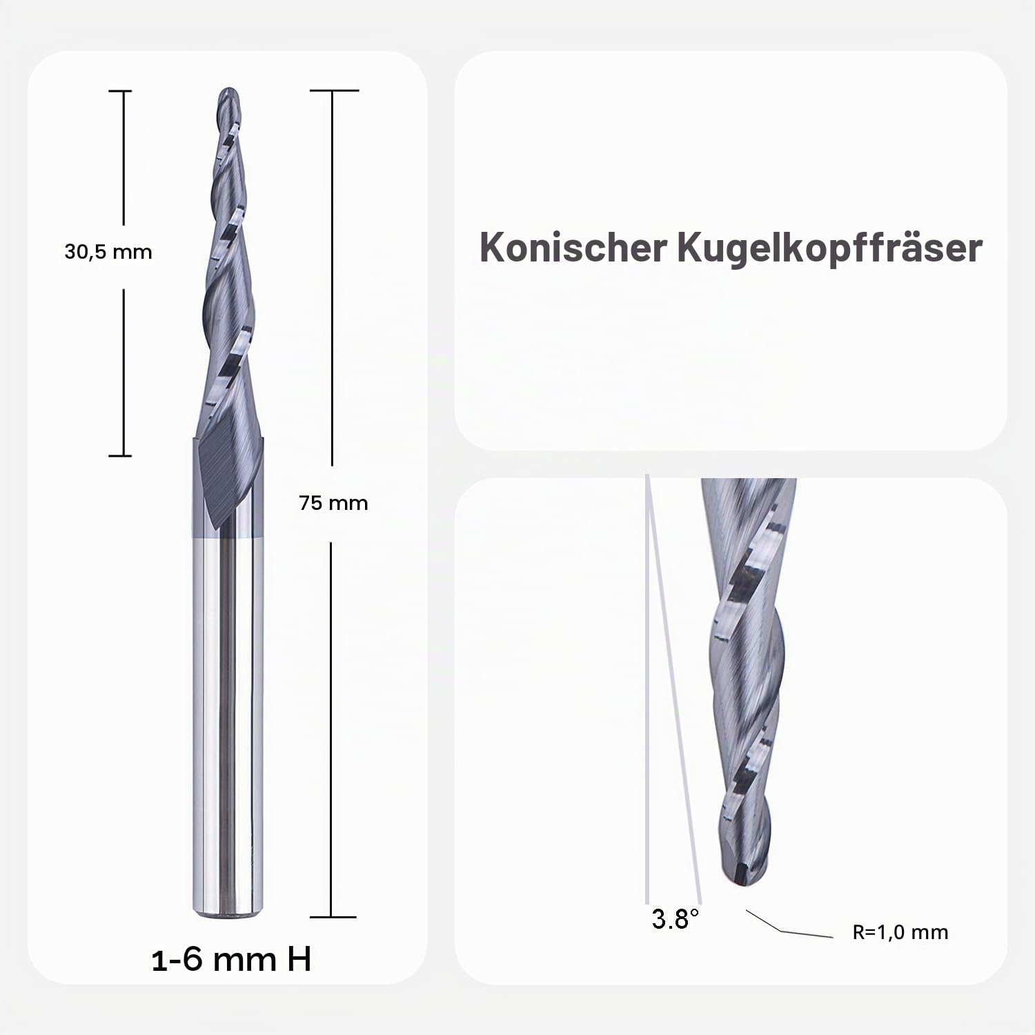 SpeTool Kugelkopffräser Konische Fräser CNC Schaftfräser 2 Flöten 1,0 mm Radius VHM Gravierfräser für Oberfräse 6mm Schaft mit TiAlN Beschichtung für 2D und 3D Gravur