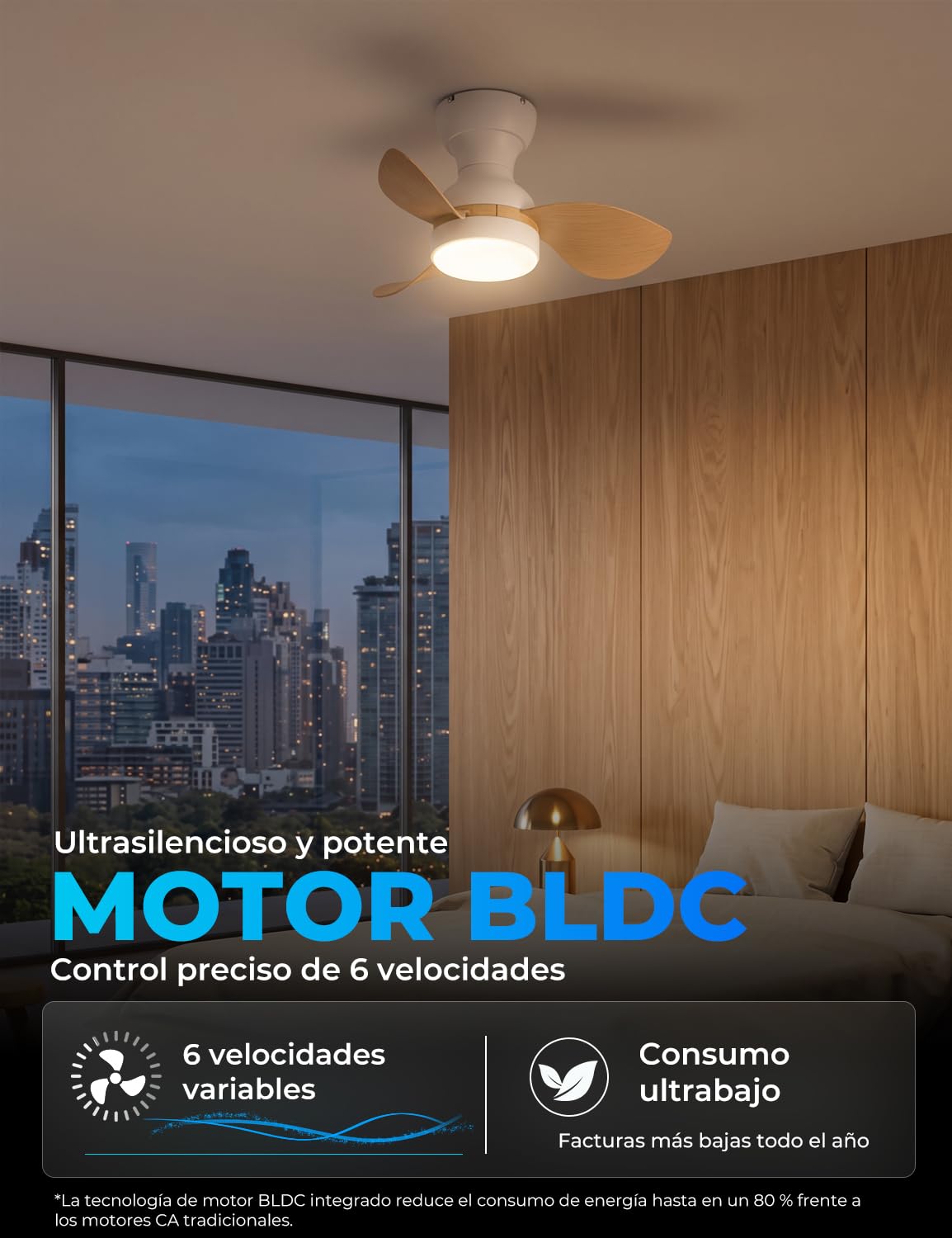 Ø56cm Mini Ventilador de Techo con Luz y Mando a Distancia, Lampara Ventilador Techo Pequeño, Reversible Modo Verano Invierno Motor DC Silencioso 6 Velocidades, Blanco + Madera