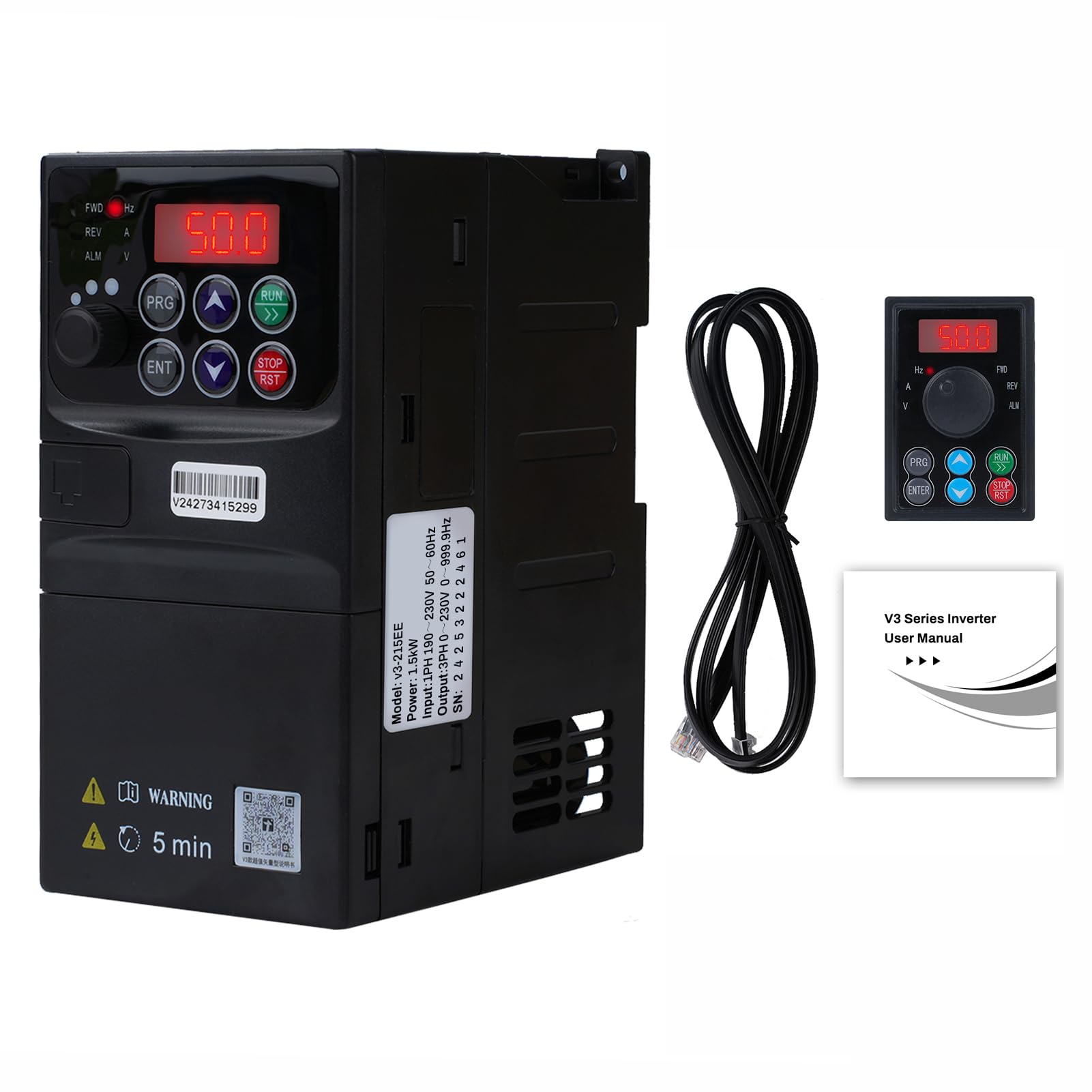1.5KW Variateur de frequence 220V Entrée monophasée 220v Sortie triphasée 220 Variateur de fréquence Tableau de commande amovible modèle V3-215EE (avec câble d'extension de 1.5m)