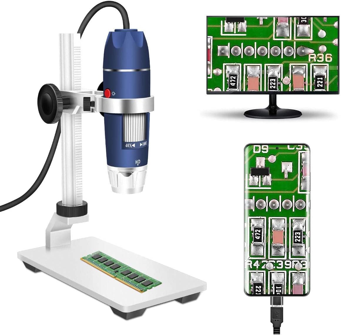 USB Digital Microscope Camera, Jiusion 40-1000X Portable Magnification Endoscope 8pcs LED with Adaptor Professional Stand, Compatible with Mac Windows XP 7 8 10 11 OTG Android