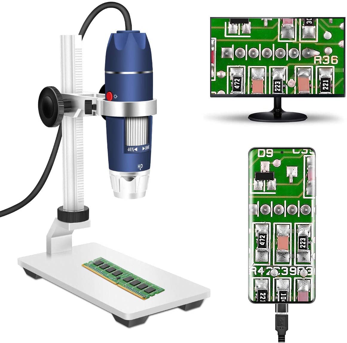 USB Digital Microscope Camera, Jiusion 40-1000X Portable Magnification Endoscope 8pcs LED with Adaptor Professional Stand, Compatible with Mac Windows XP 7 8 10 11 OTG Android