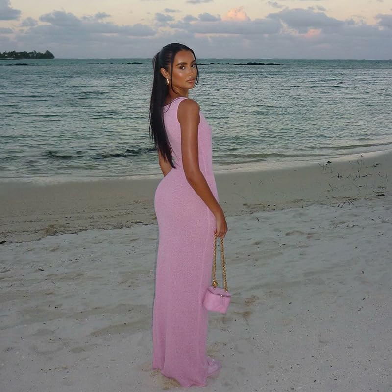 AIBEARTY Women's Mesh Knitted Sleeveless Bodycon Dress Sexy Twist Knot See Through Crochet Maxi Dress Beach Bikini Cover Ups2