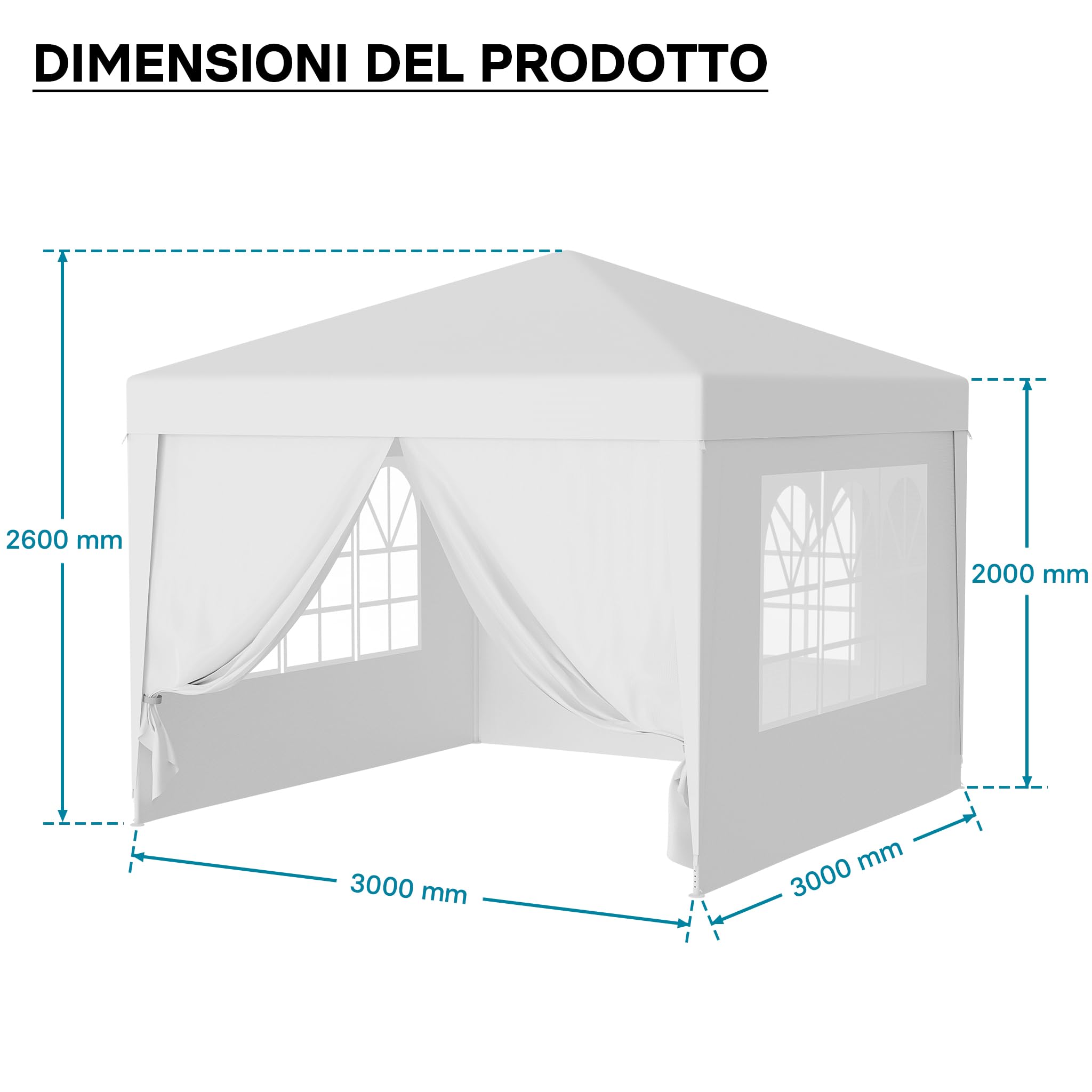 Wiltec Gazebo 3x3 m bianco protezione UV 50+ tendone da giardino lati rimovibili tenda da festa finestre