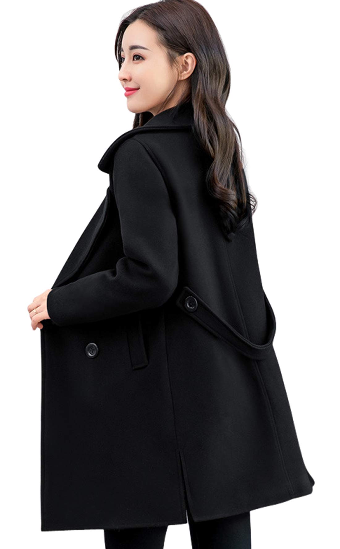 Women's Elegant Lapel Collar Double Breasted Wool Blend Pea Coat with Belt