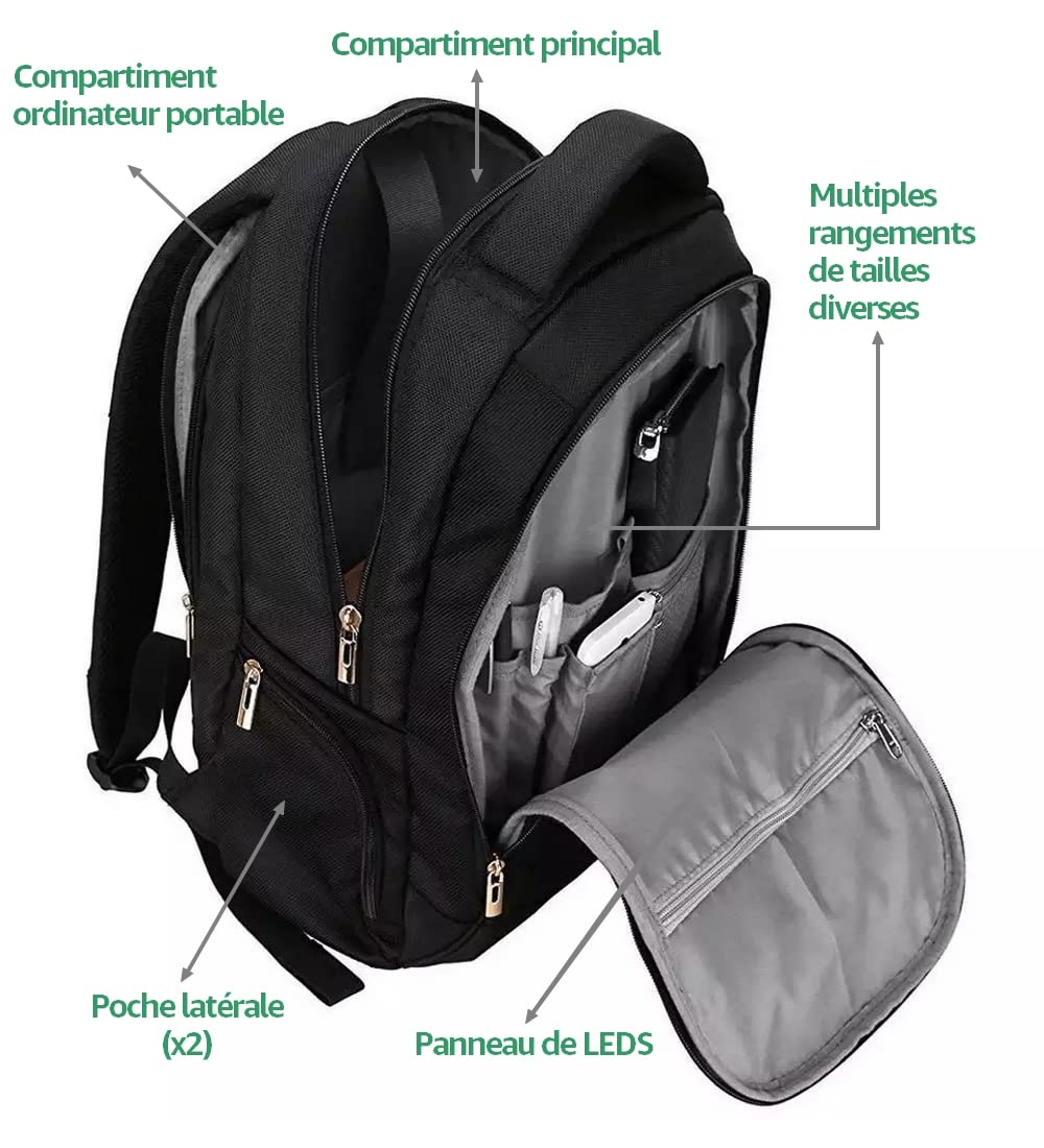 Sac à Dos 20L NOIR à 48 LEDS pour Signalisation de Direction pour Vélo et Trottinette. Télécommande et USB Rechargeable. Vendeur français et stock en France