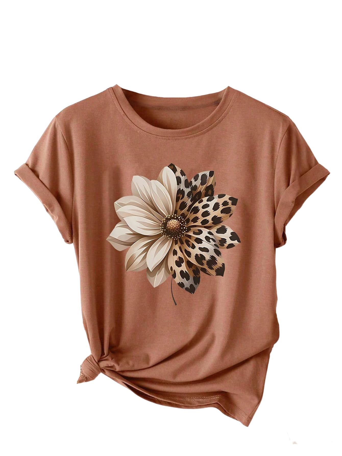 Women's Summer Tops Leopard Floral Short Sleeve Crewneck Graphic T Shirts Vintage Tees